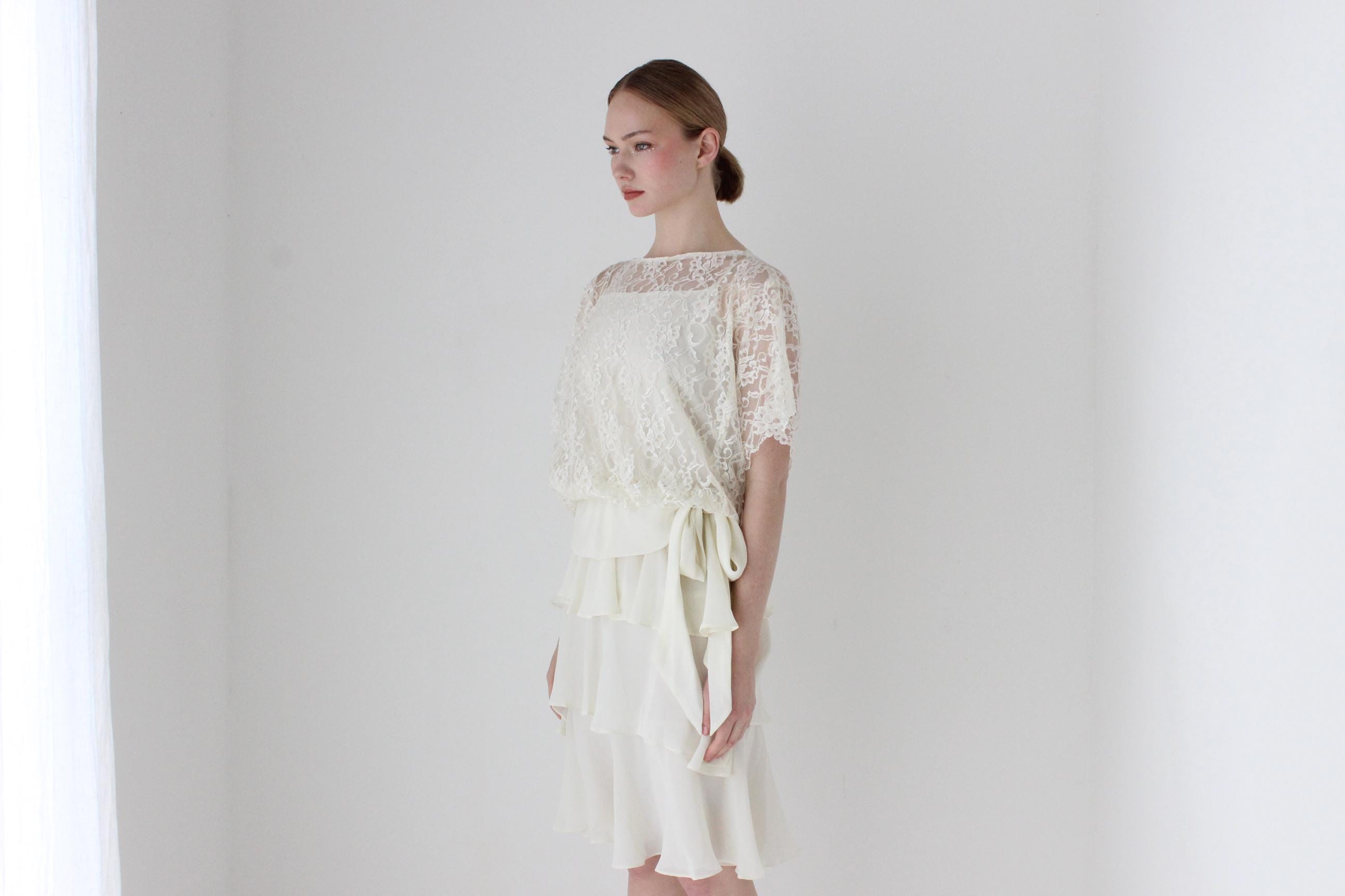 1980s Lace & Ruffle Cocktail Wedding Dress