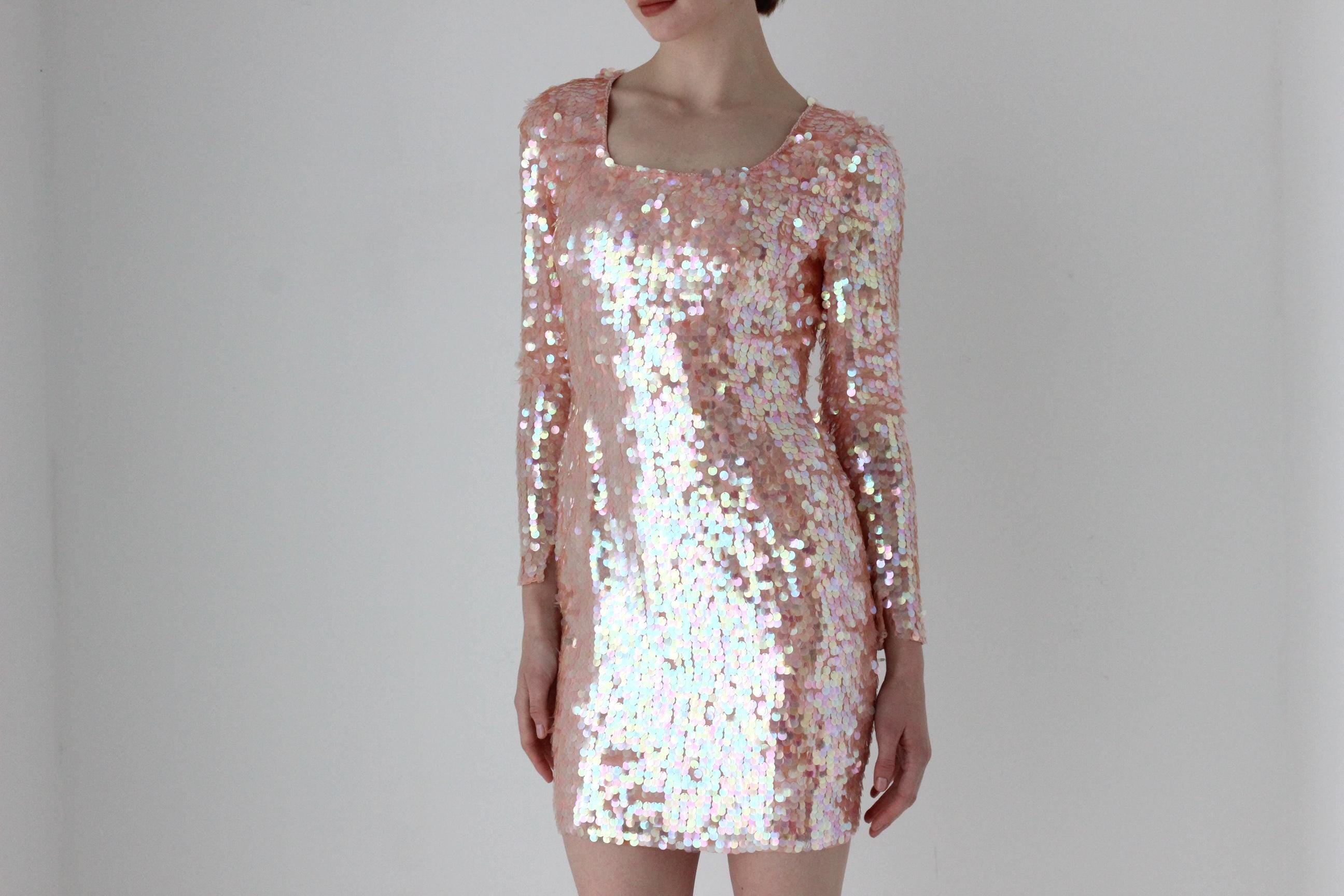 1980s Oleg Cassini Pink Pailette & Silk Bachelorette Mini Dress