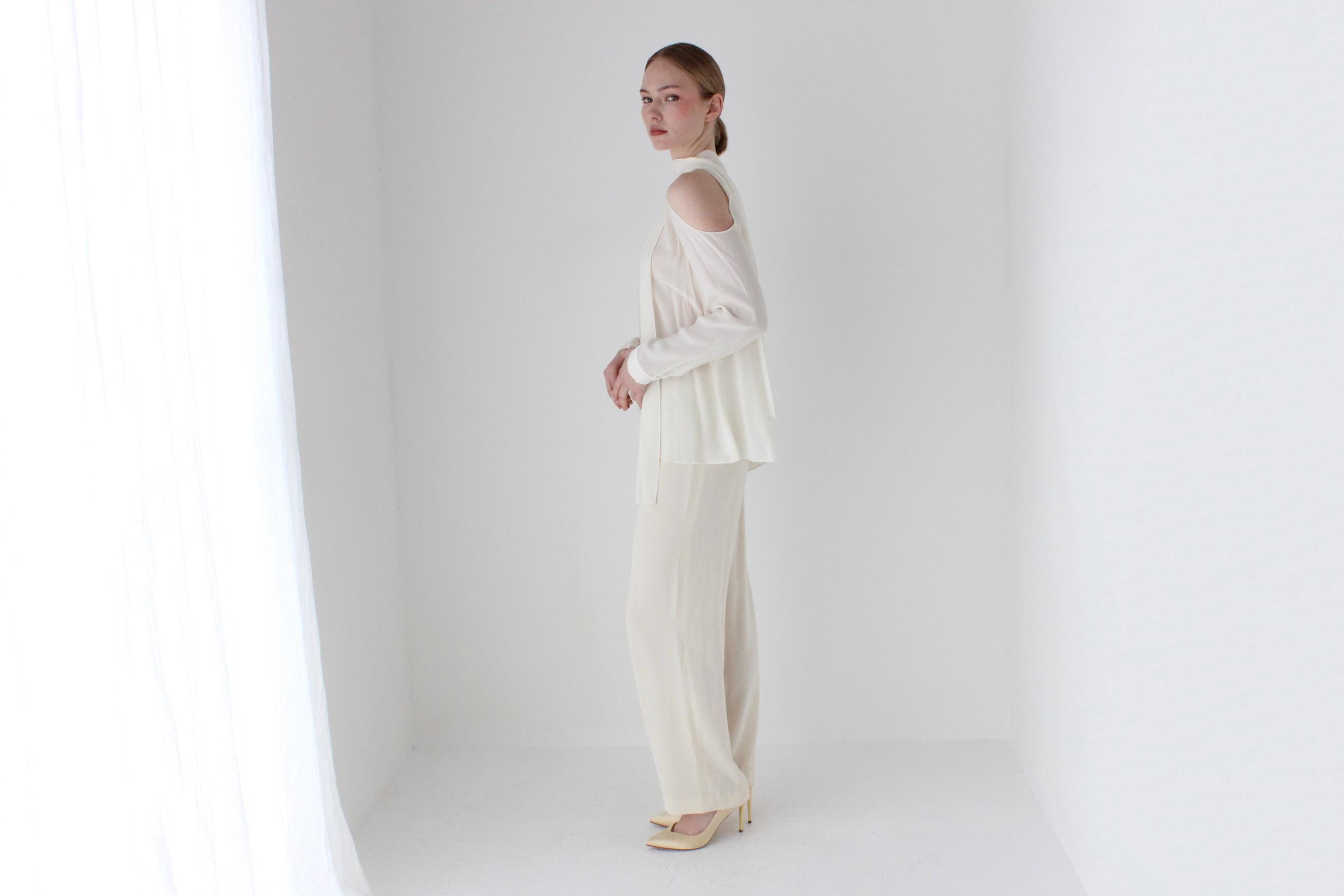 1990s Simple Cream Crepe Bridal Trousers