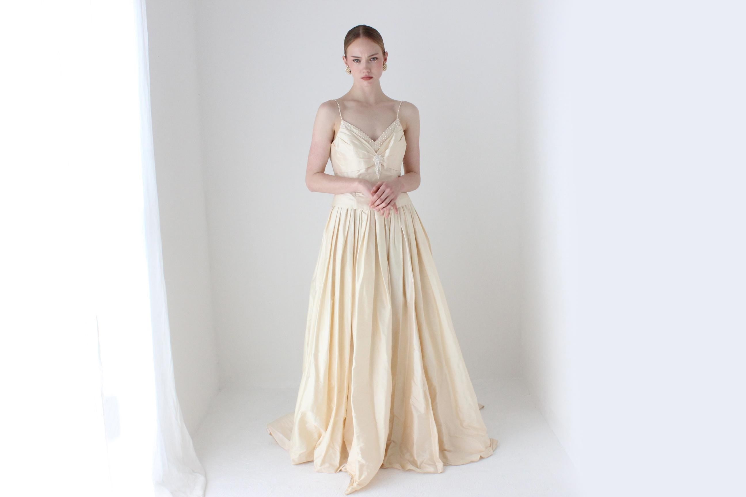 1990s Silk Dupion Buttercream Drop Waist Wedding Gown w/ Pearl & Swarovski Beading