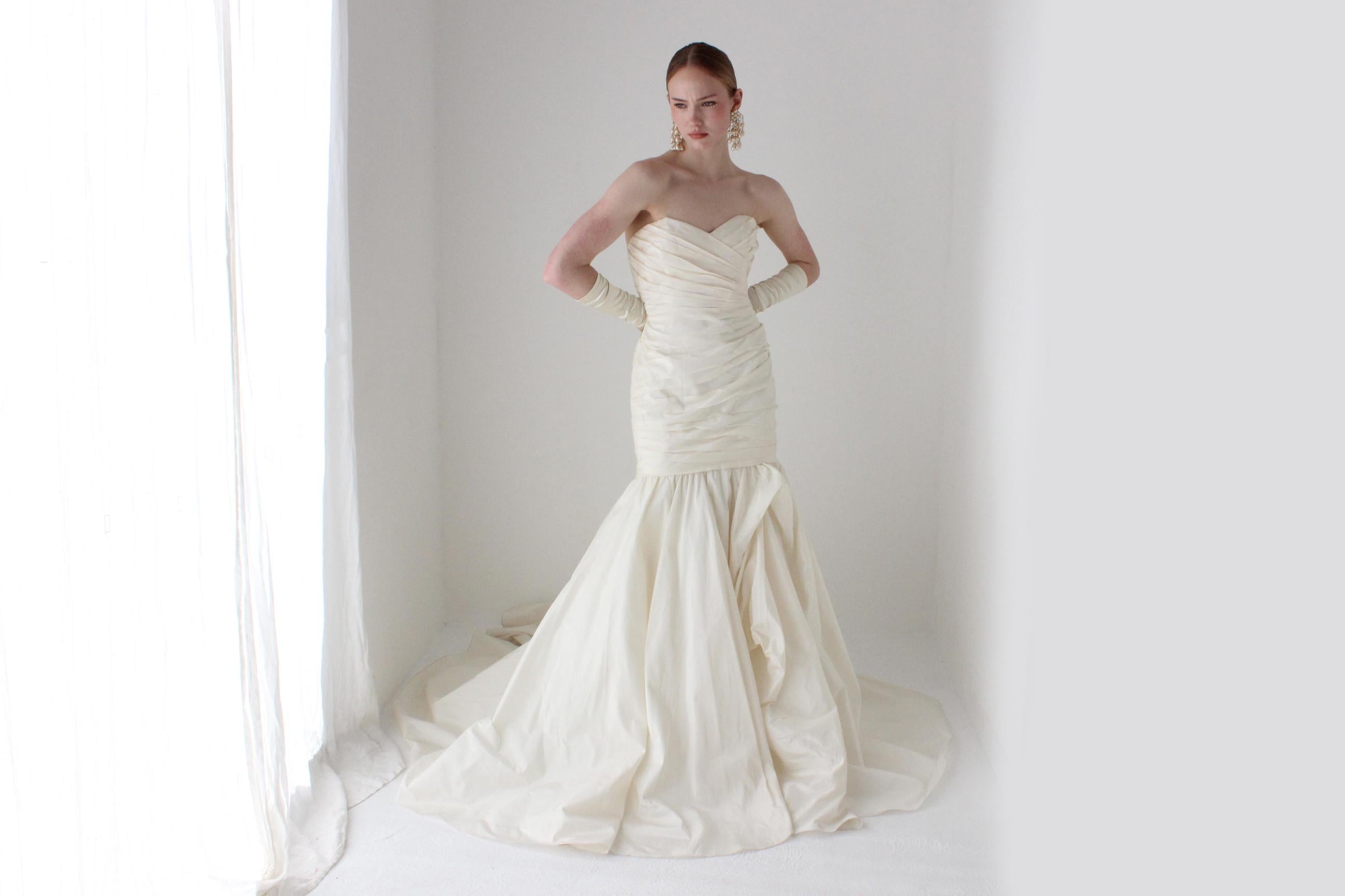 2000s Liancarlo Bridal Couture Silk Taffeta Voluminous Drop Waist Wedding Gown
