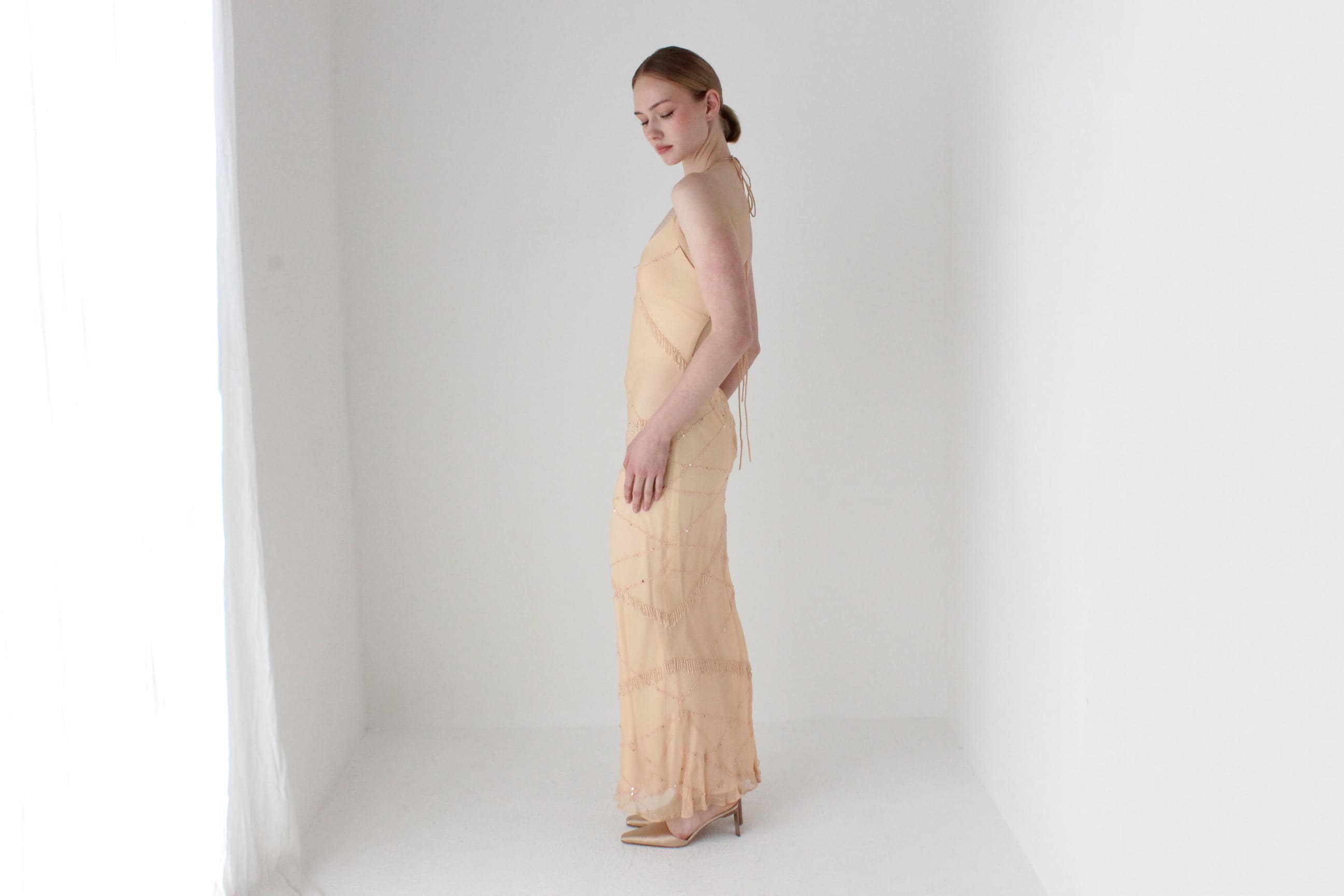 2000s Pastel Peach Pure Silk Bias Cut Slip Dress w/ Beading by 'Marina'