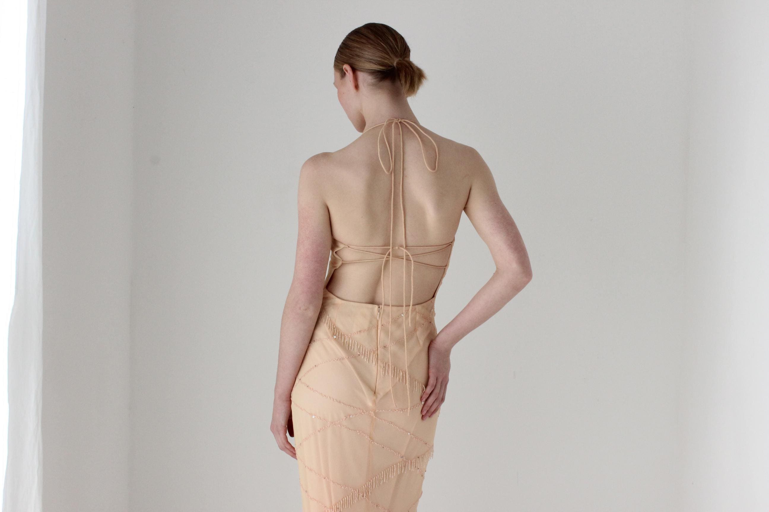 2000s Pastel Peach Pure Silk Bias Cut Slip Dress w/ Beading by 'Marina'