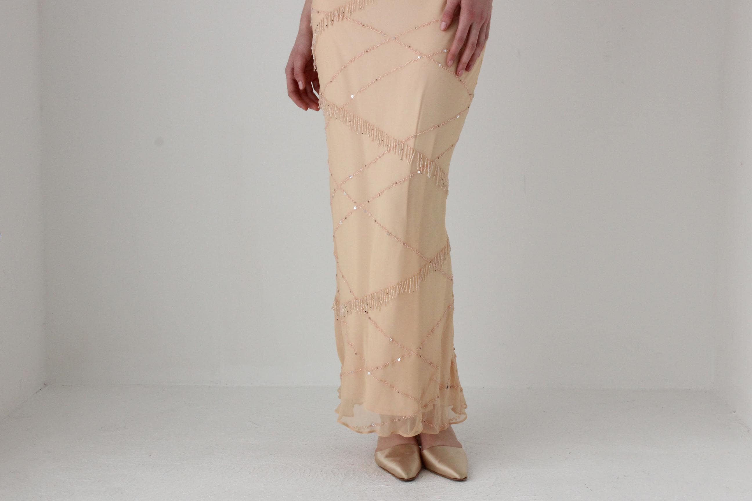 2000s Pastel Peach Pure Silk Bias Cut Slip Dress w/ Beading by 'Marina'