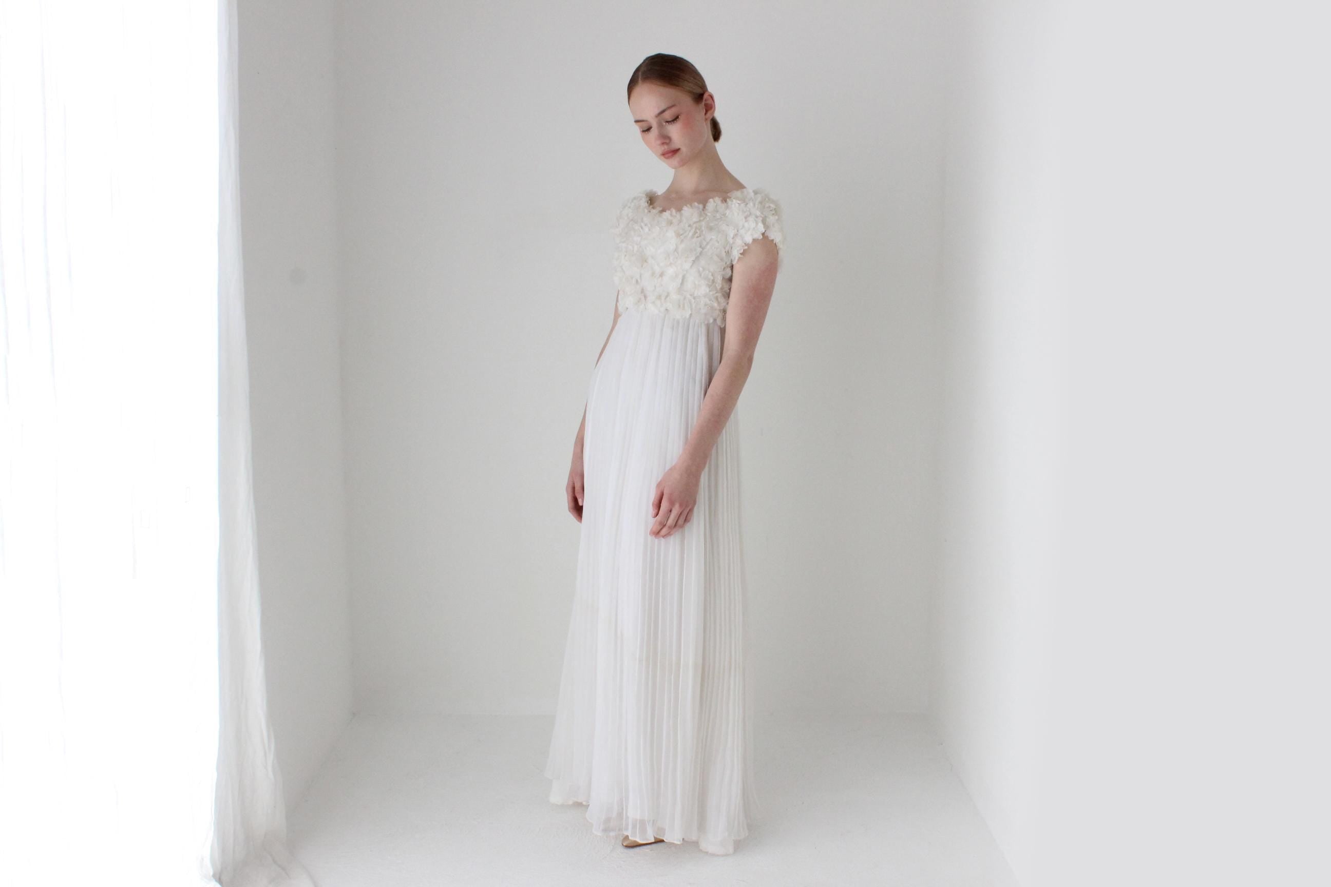 Dreamy 1960s Empire Waist Flower Bouquet Wedding Gown w/ 3D Rosettes & Pleating