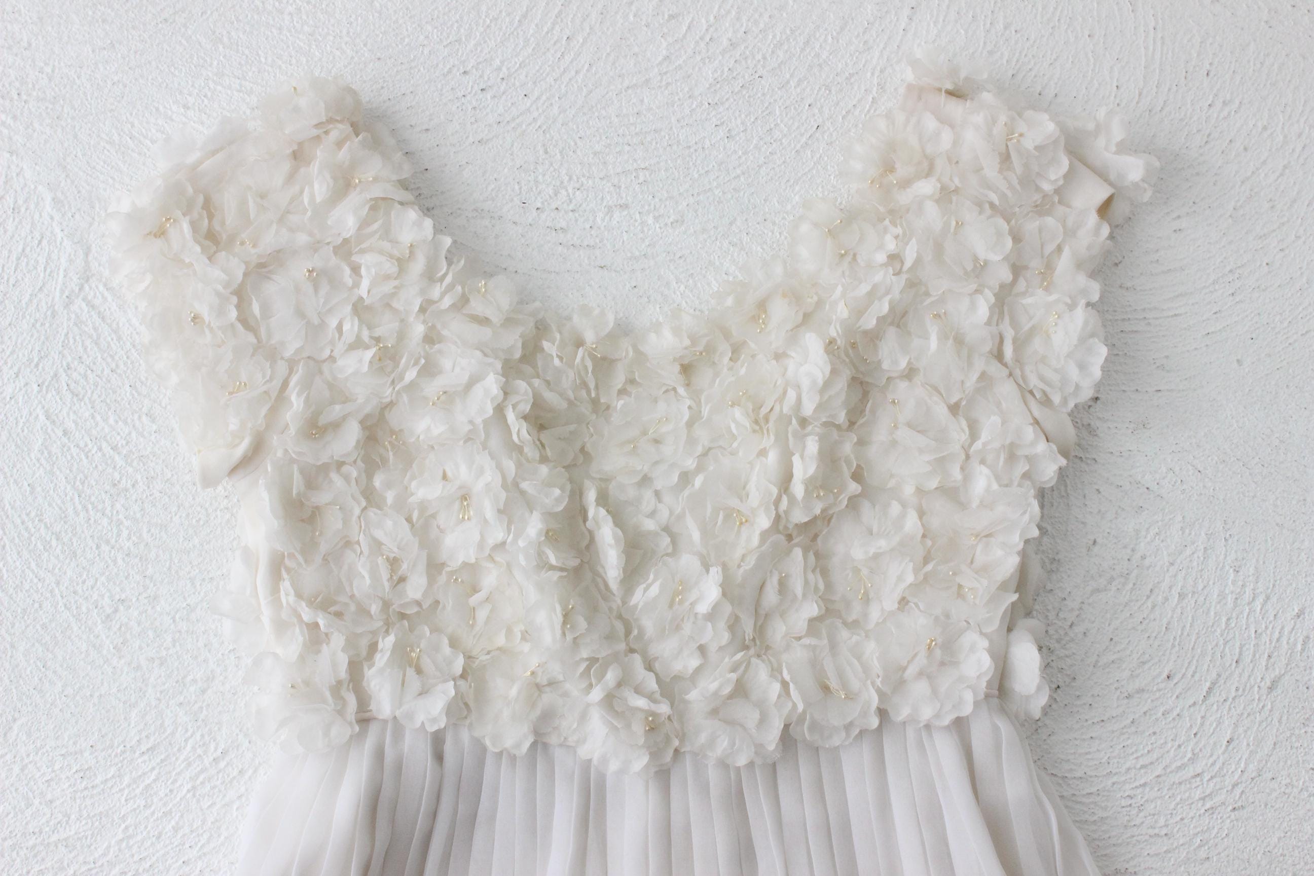 Dreamy 1960s Empire Waist Flower Bouquet Wedding Gown w/ 3D Rosettes & Pleating