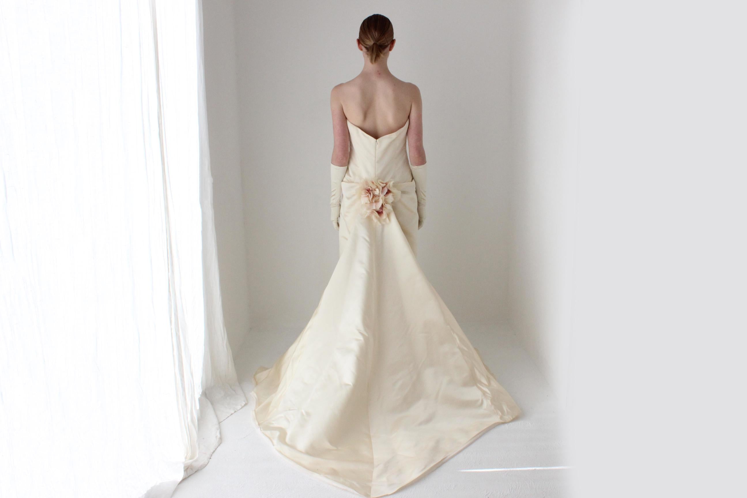 1990s Anna Maier Bridal Couture Duchess Silk Strapless Wedding Gown w/ Feature Rosette, Train & Couture Veil