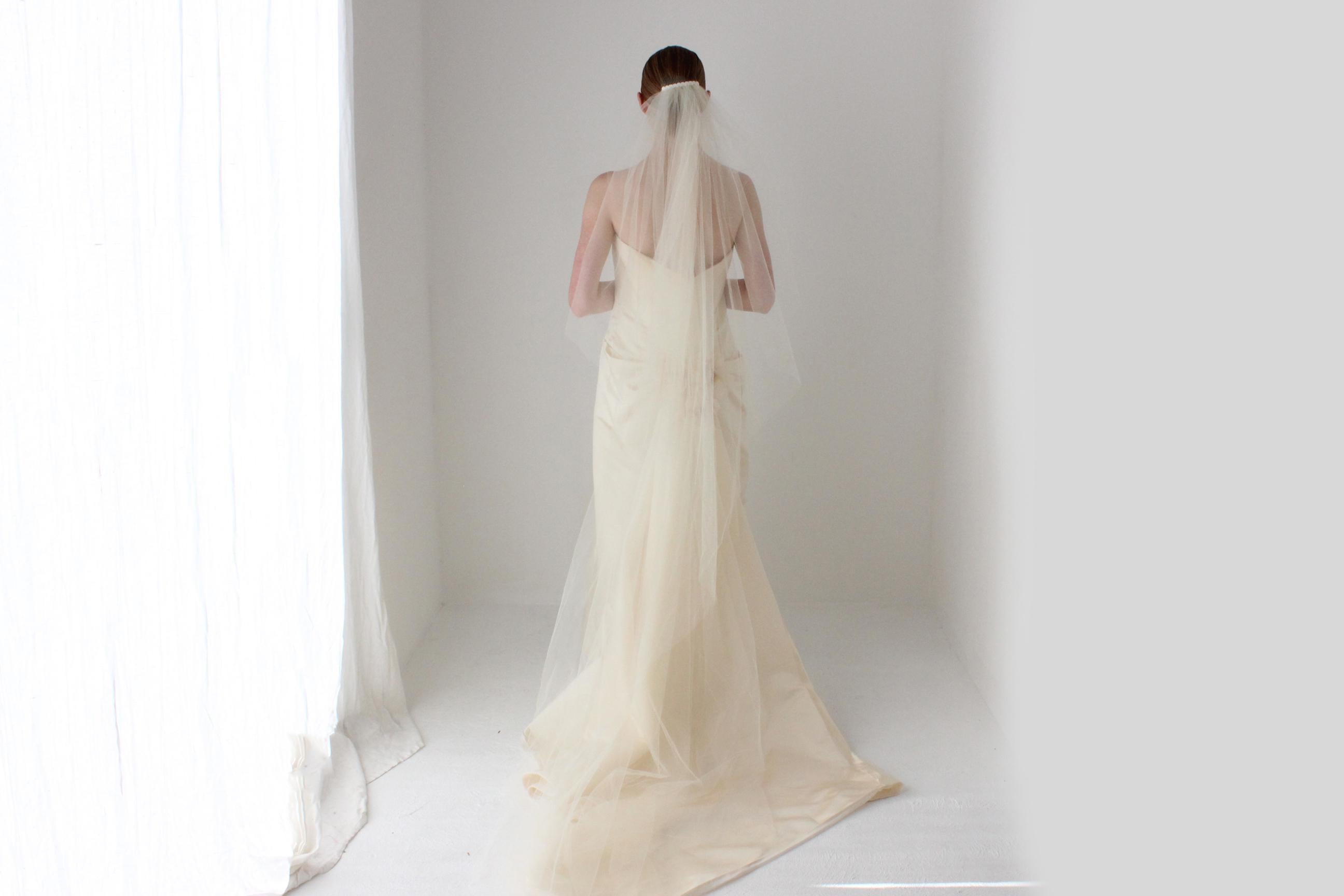 1990s Anna Maier Bridal Couture Duchess Silk Strapless Wedding Gown w/ Feature Rosette, Train & Couture Veil
