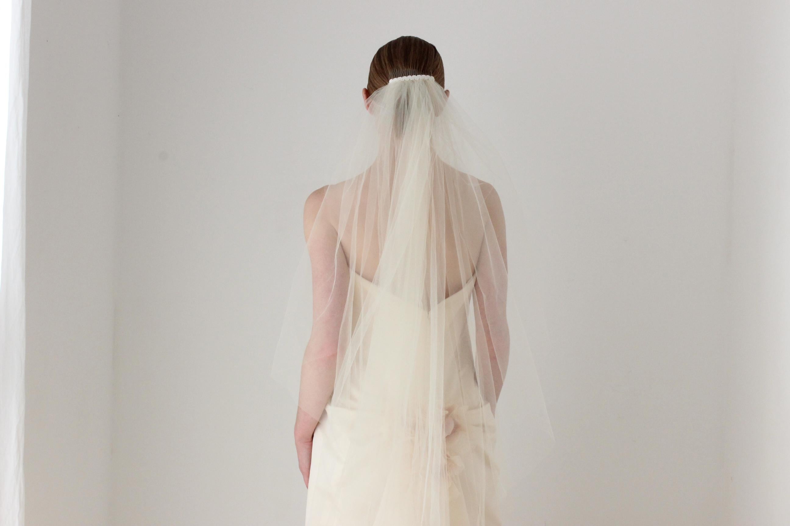 1990s Anna Maier Bridal Couture Duchess Silk Strapless Wedding Gown w/ Feature Rosette, Train & Couture Veil