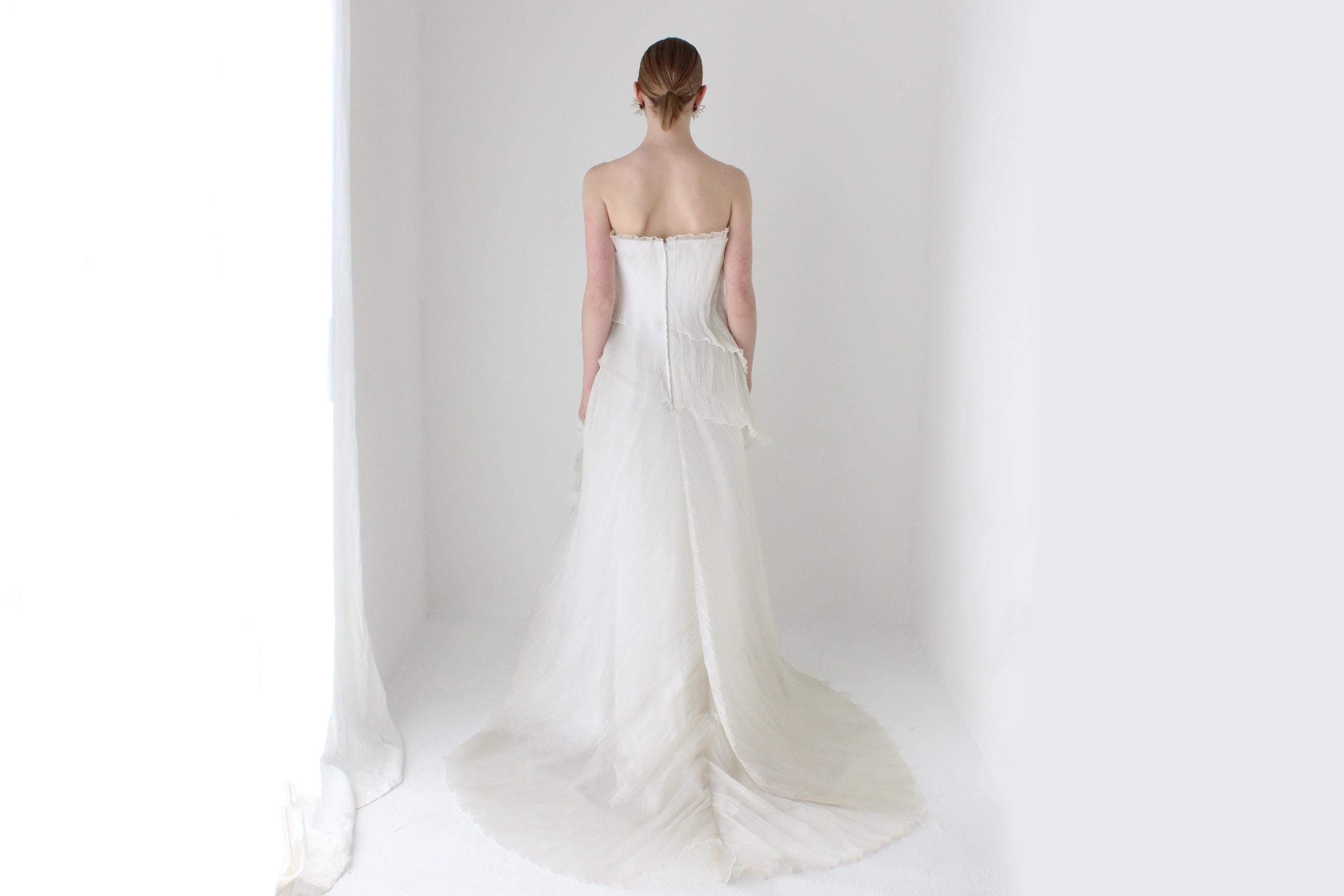 Avant Garde Vintage Iridescent Plisse Tiered Strapless Wedding Gown