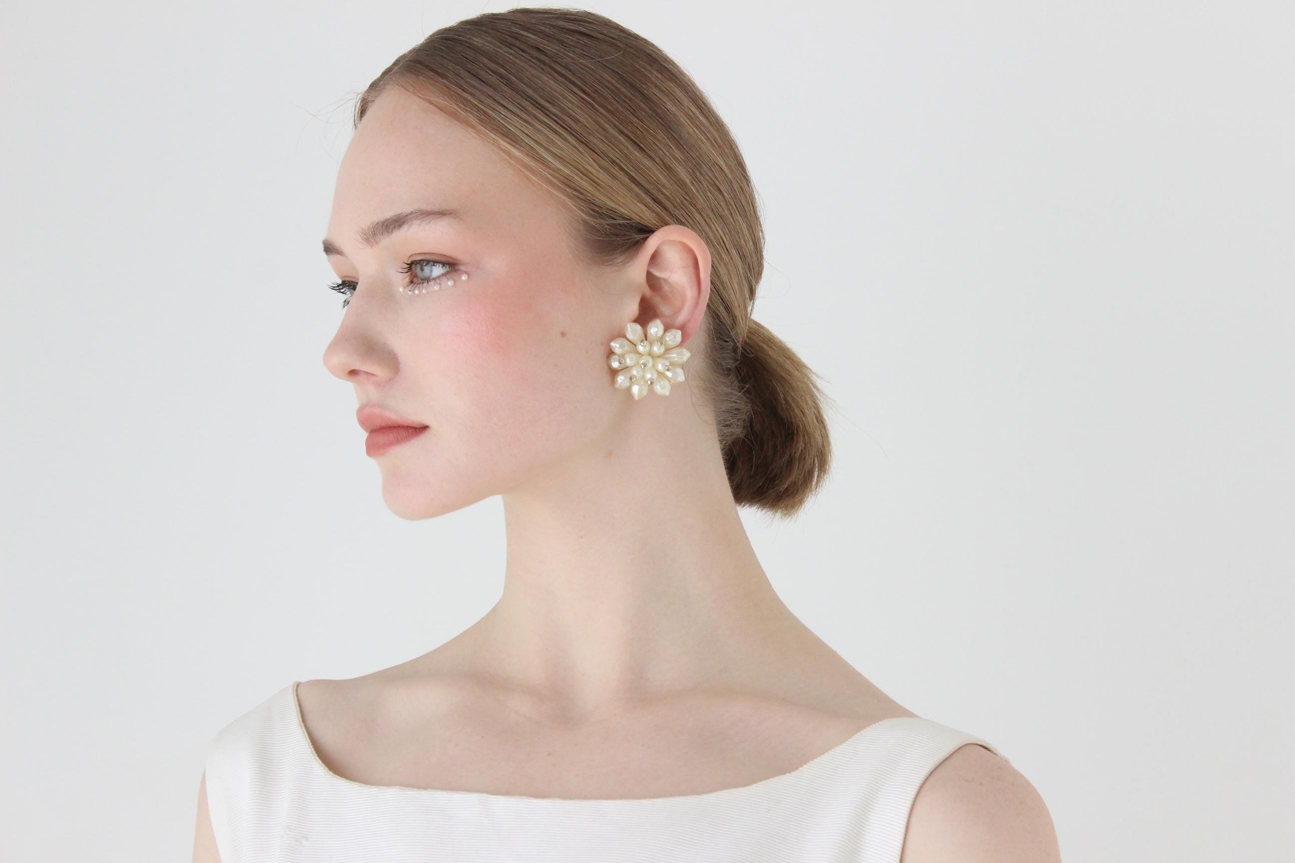 60s Baroque Pearl 'Flower' Cluster Clip On Wedding Earrings