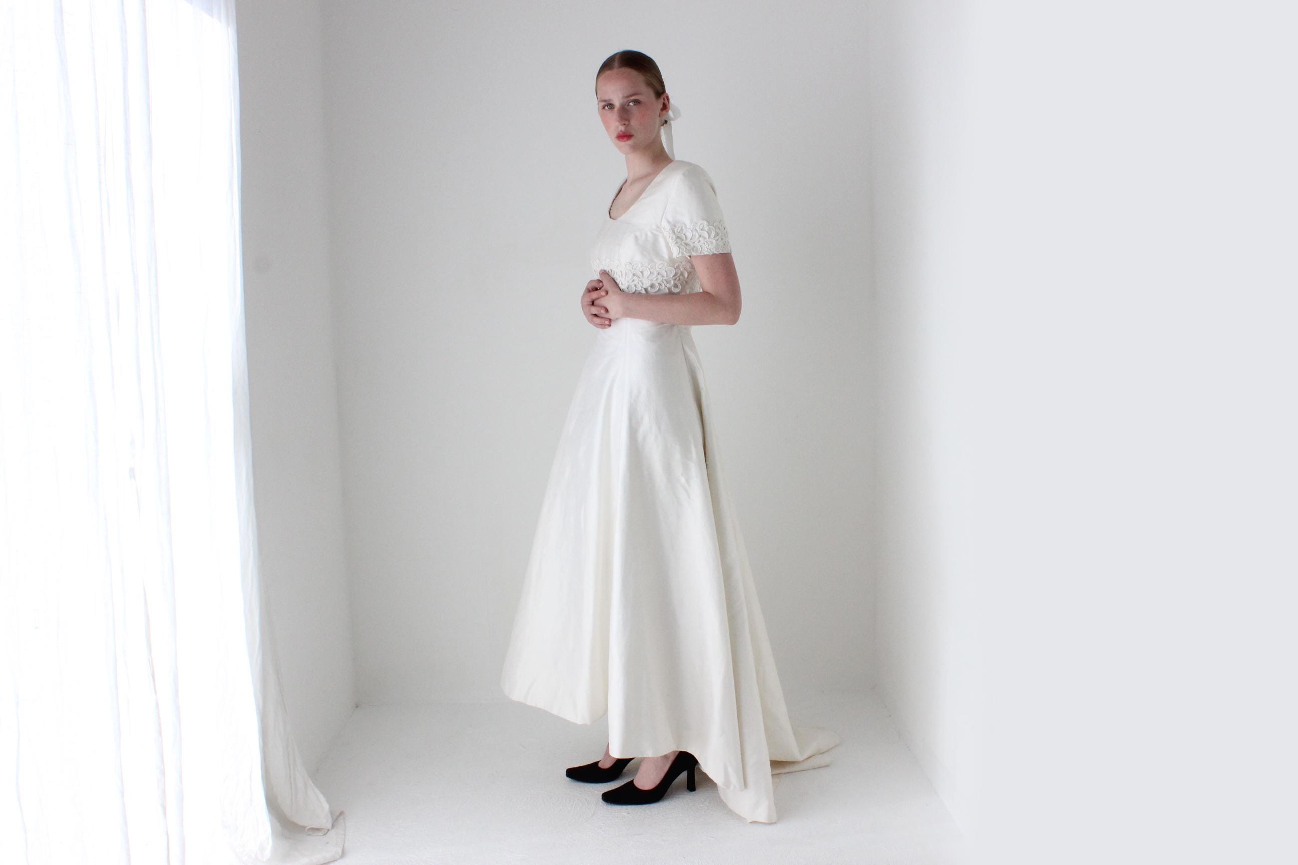 1980s Raw Silk Empire Waist Short Sleeve Wedding Gown w/ Train