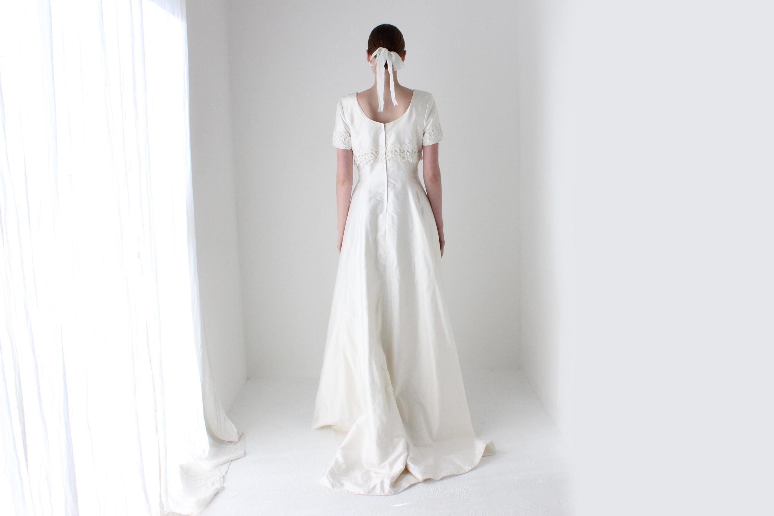 1980s Raw Silk Empire Waist Short Sleeve Wedding Gown w/ Train