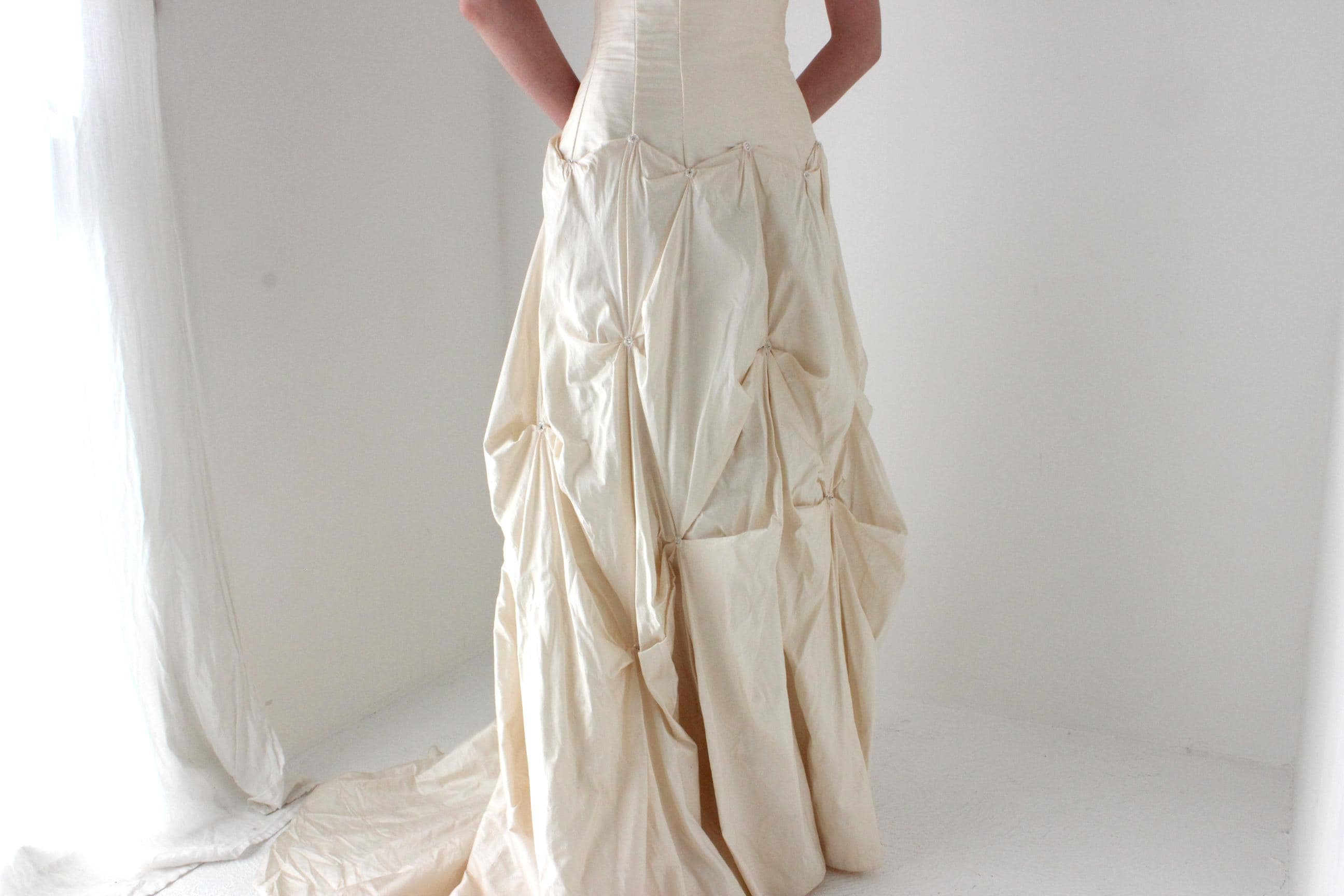 1990s Cream Silk Dupion Drop Waist, Corset Wedding Gown w/ Textural Gathered Skirt