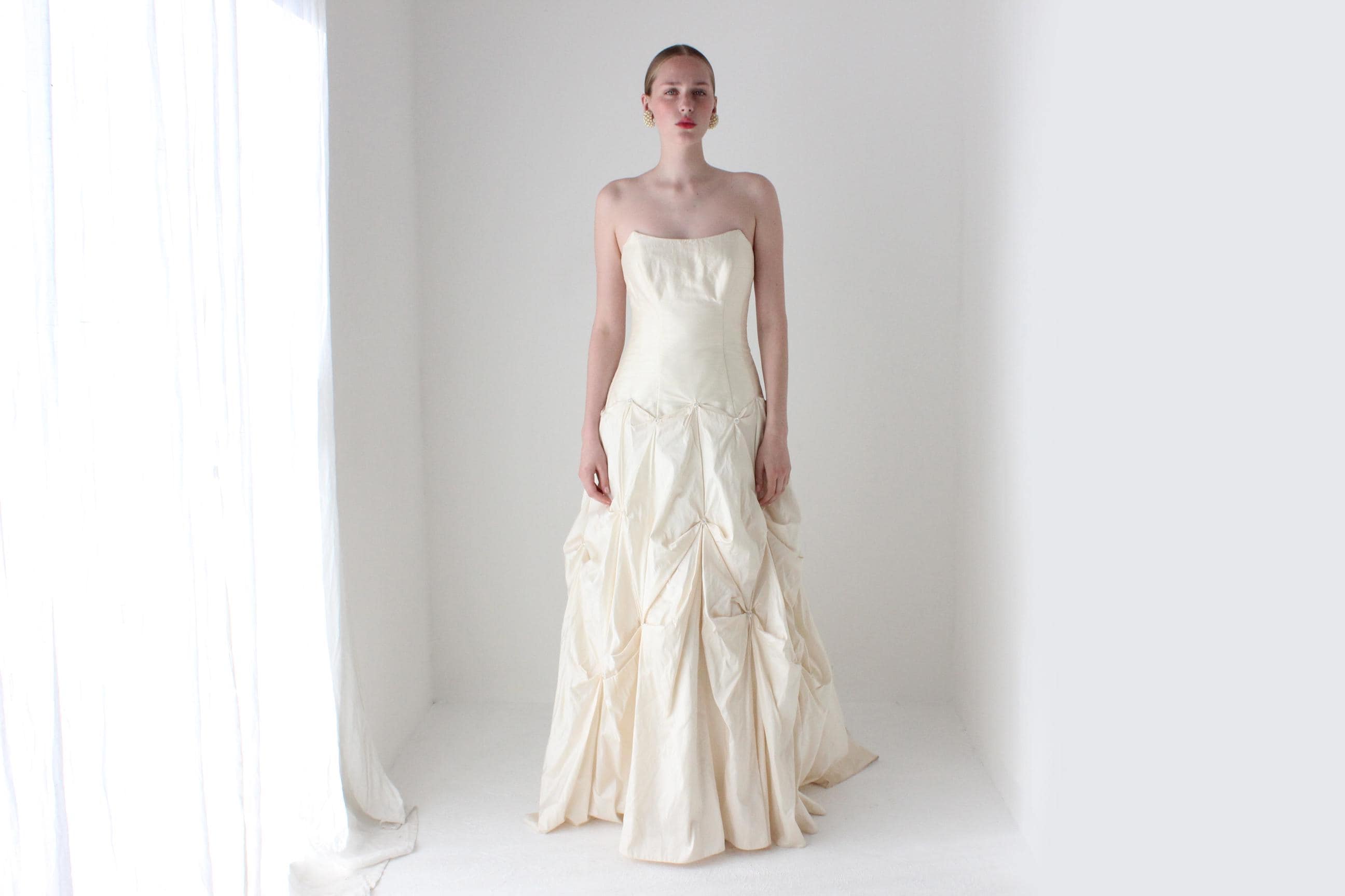 1990s Cream Silk Dupion Drop Waist, Corset Wedding Gown w/ Textural Gathered Skirt