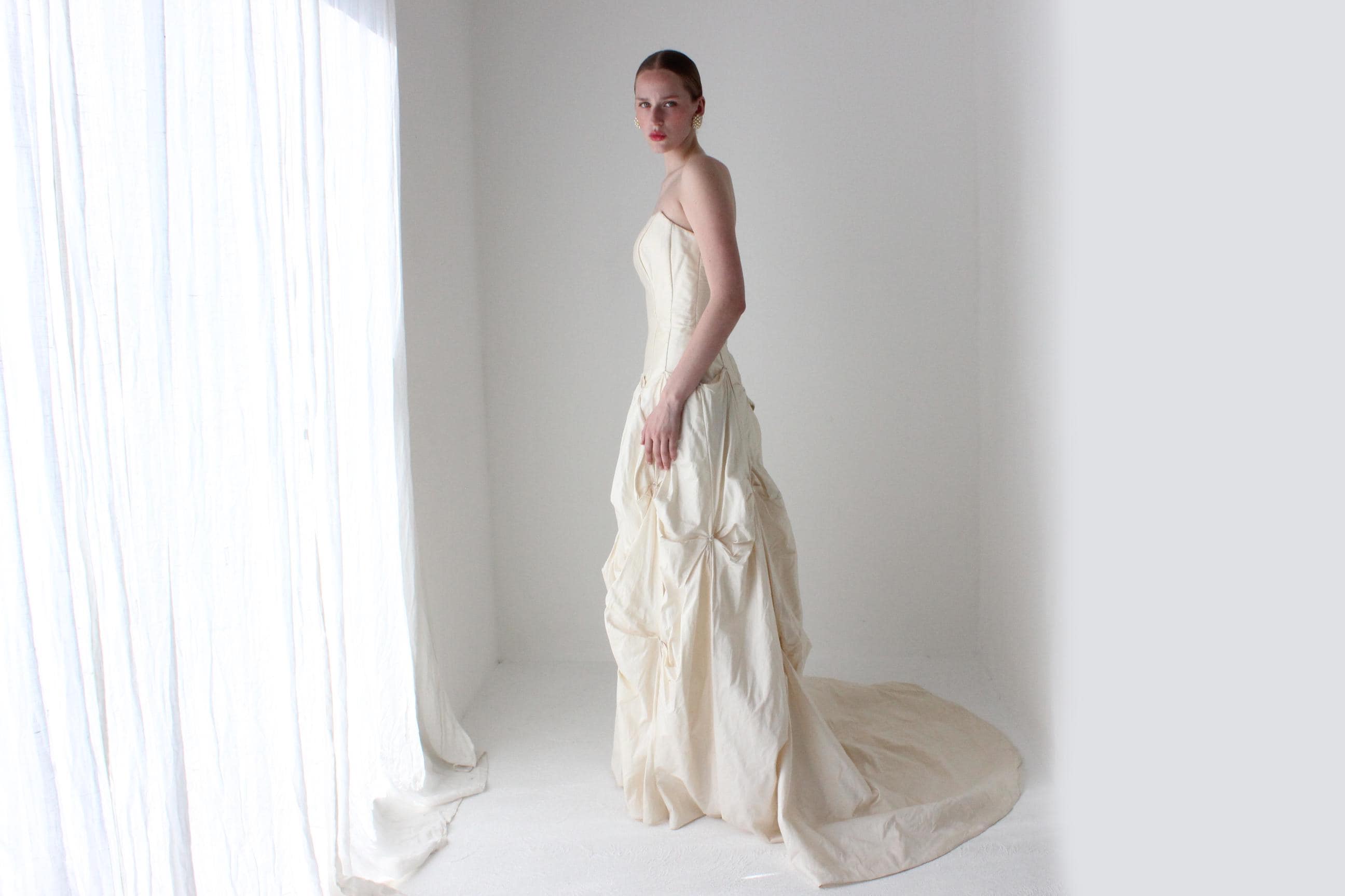 1990s Cream Silk Dupion Drop Waist, Corset Wedding Gown w/ Textural Gathered Skirt