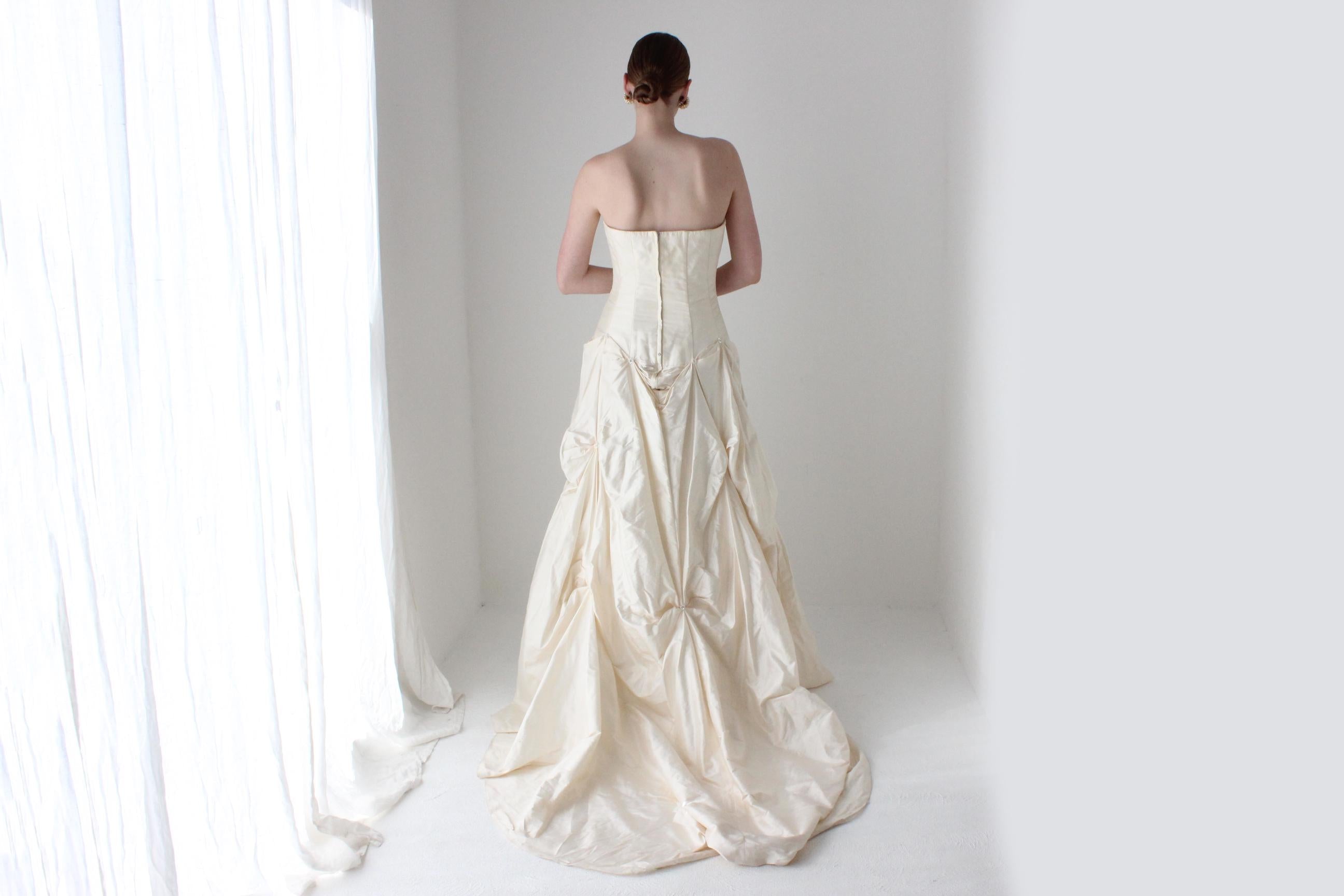 1990s Cream Silk Dupion Drop Waist, Corset Wedding Gown w/ Textural Gathered Skirt