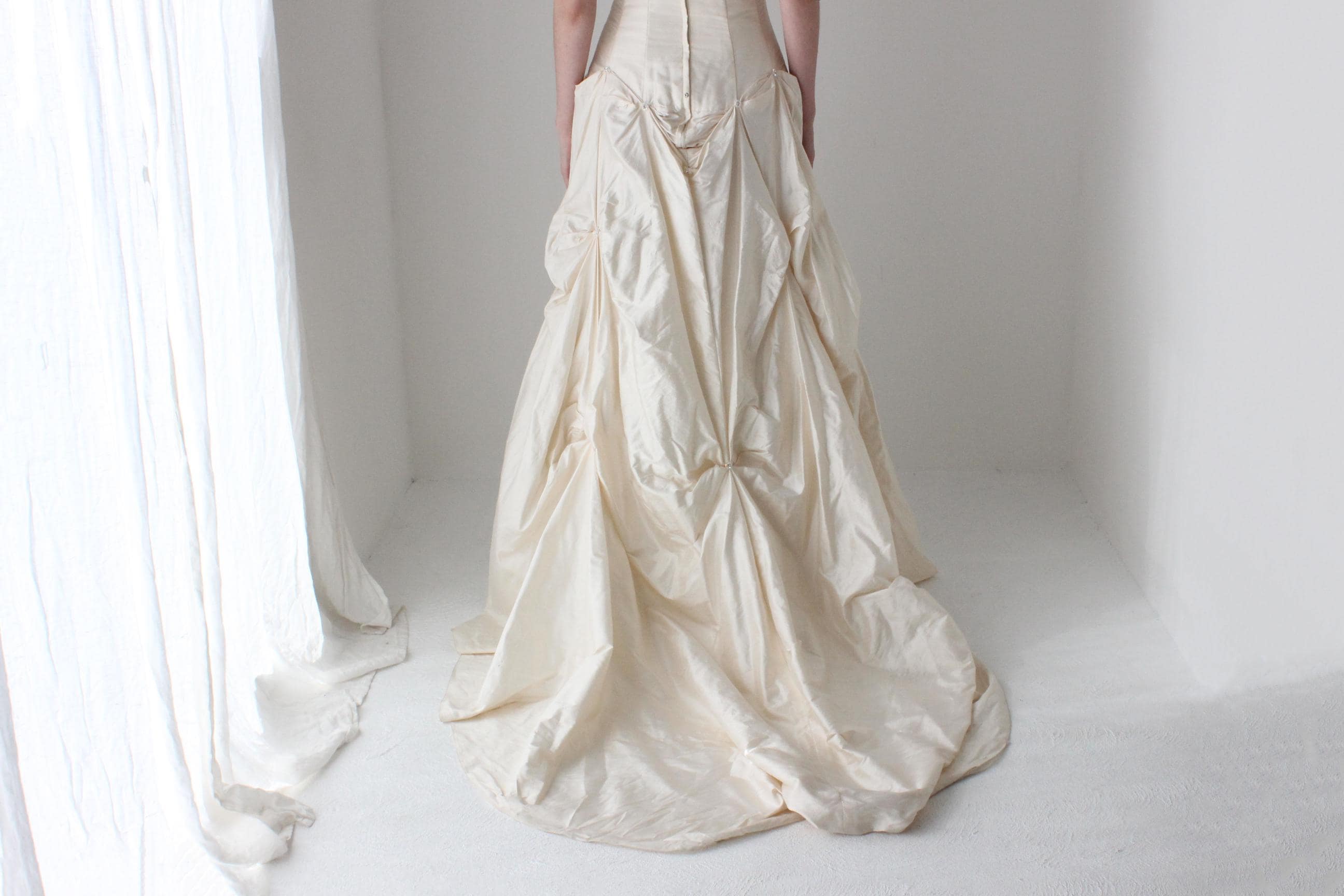 1990s Cream Silk Dupion Drop Waist, Corset Wedding Gown w/ Textural Gathered Skirt