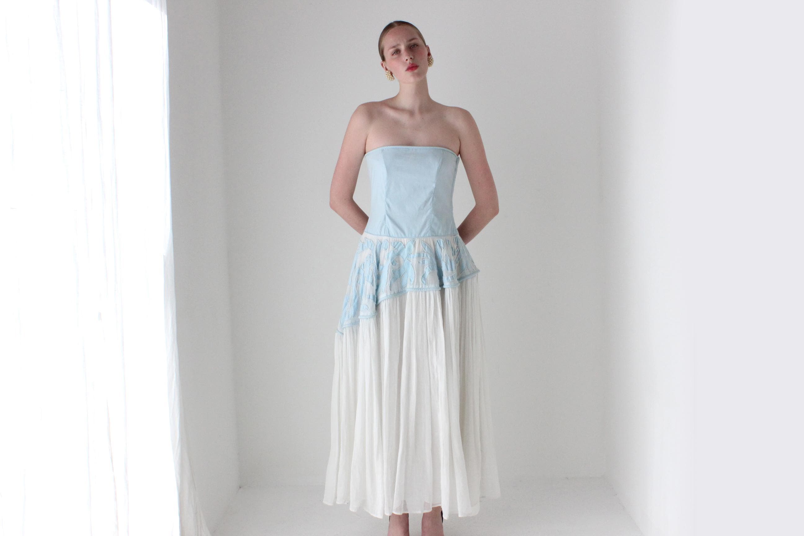1950s Cotton Muslin Sculptural Peplum Cutwork Dress