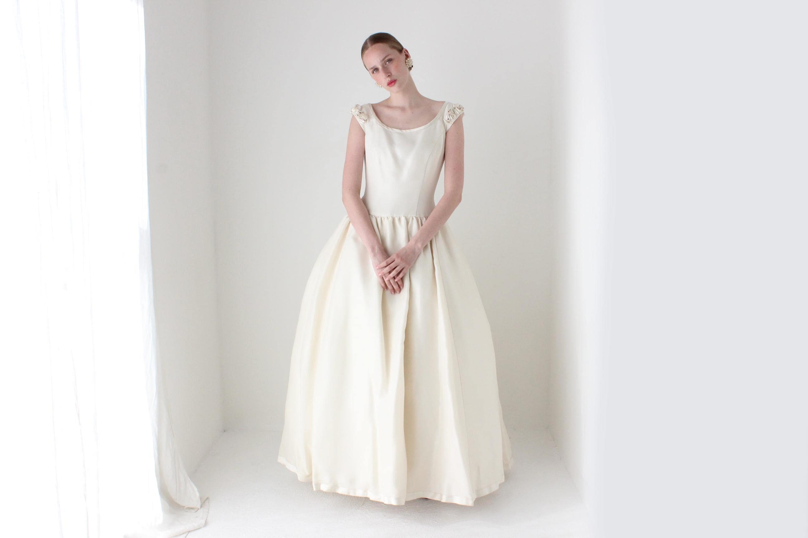 RESERVED - Deposit Paid 1990s Archival Amsale Bridal Couture Scoop Neck Drop Waist Wedding Ball Gown w/ Rosettes