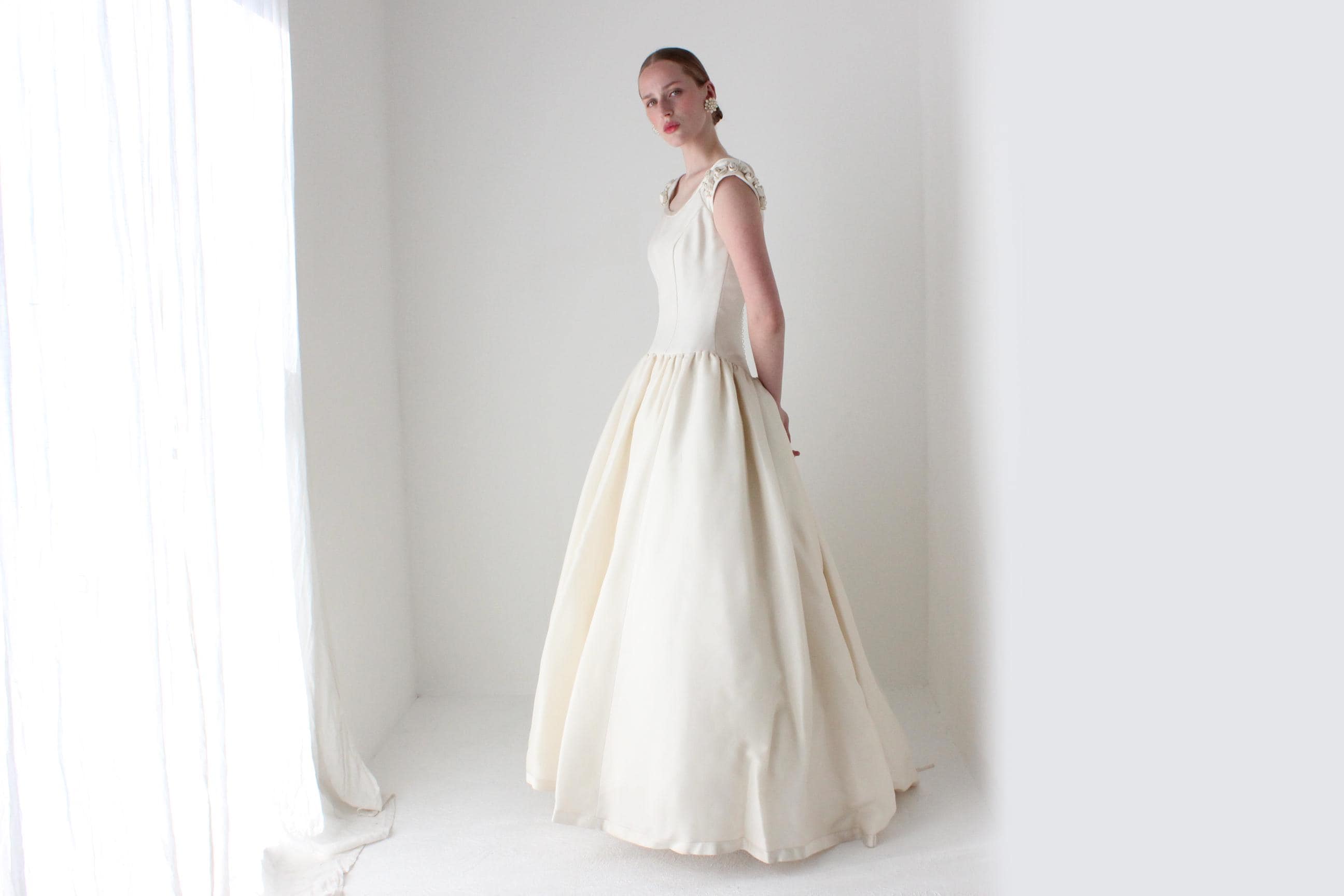 RESERVED - Deposit Paid 1990s Archival Amsale Bridal Couture Scoop Neck Drop Waist Wedding Ball Gown w/ Rosettes