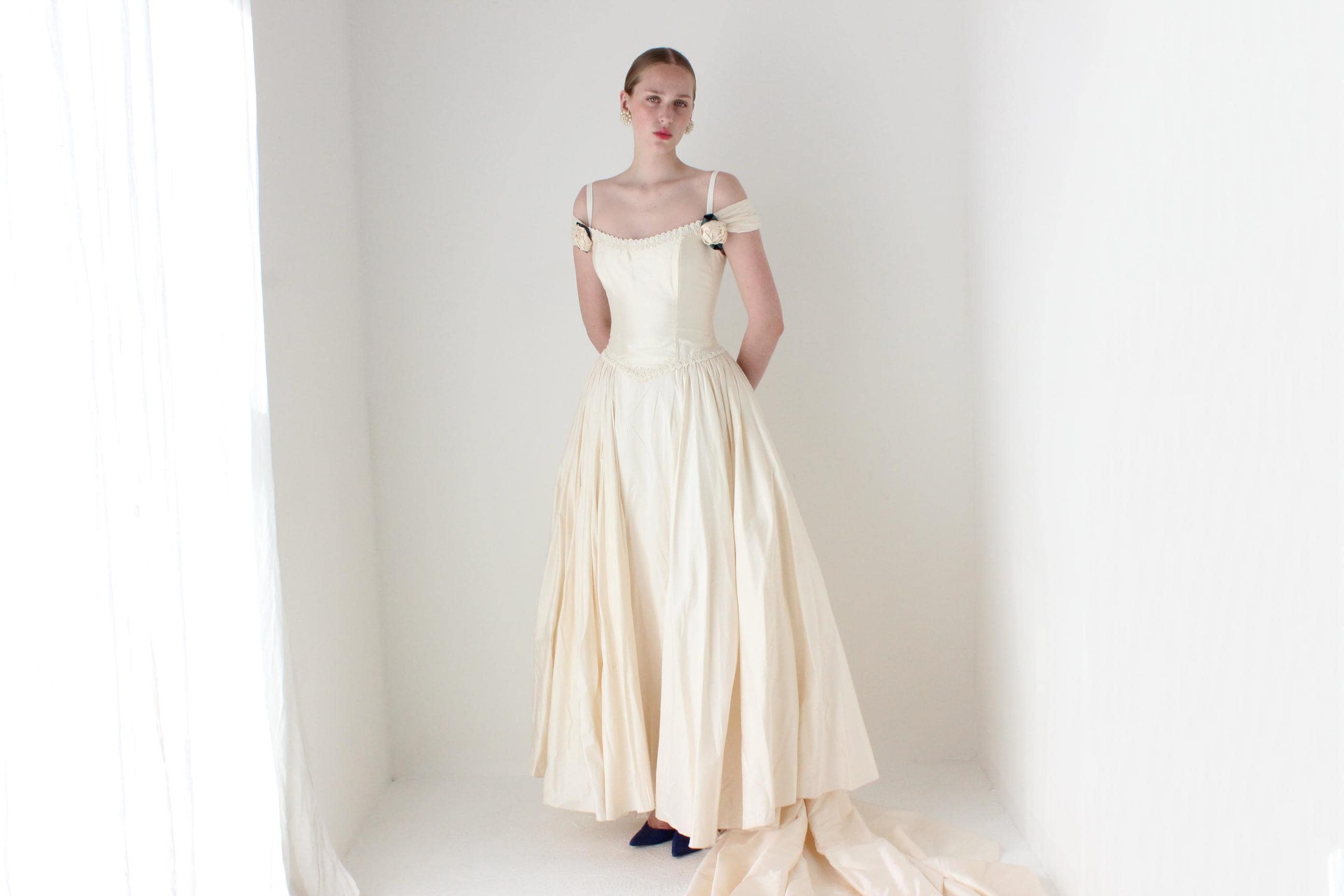 RESERVED - Deposit Paid - 1980s Silk Dupion Drop Waist Off Shoulder Lace Up Corset Wedding Gown w/ Rosettes