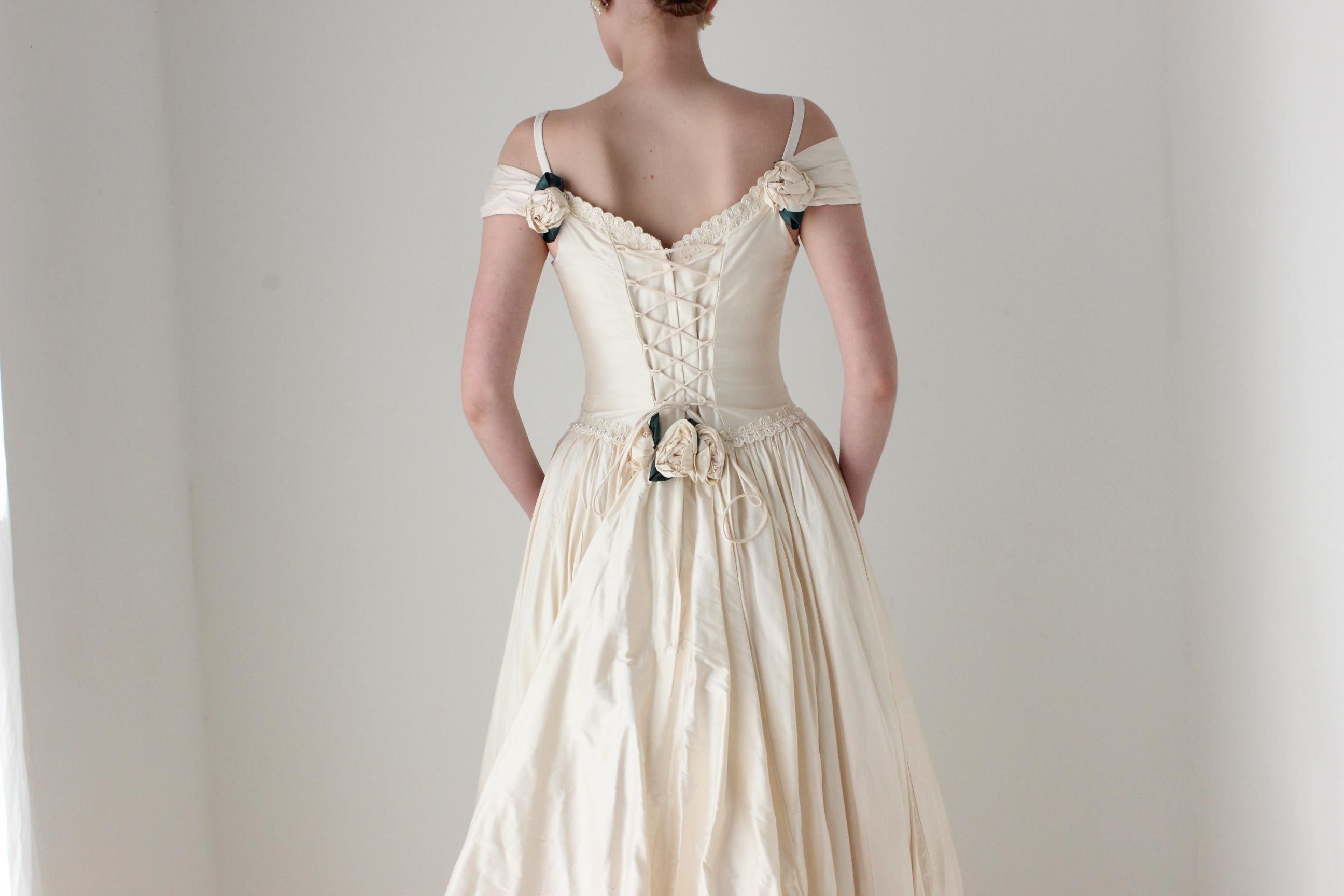 RESERVED - Deposit Paid - 1980s Silk Dupion Drop Waist Off Shoulder Lace Up Corset Wedding Gown w/ Rosettes