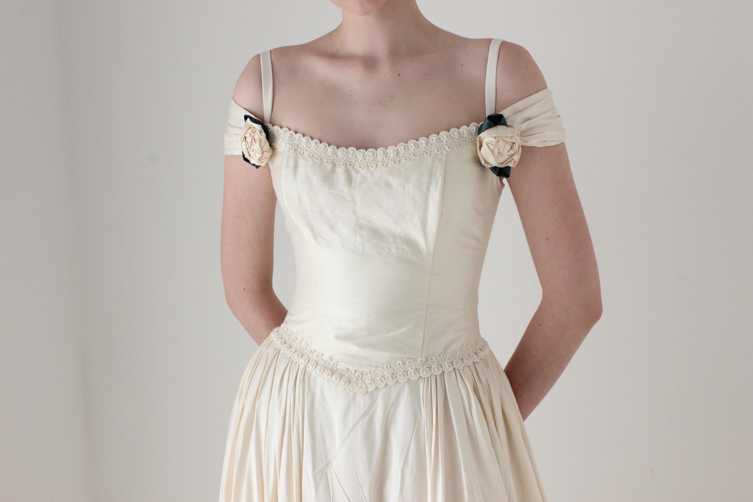 RESERVED - Deposit Paid - 1980s Silk Dupion Drop Waist Off Shoulder Lace Up Corset Wedding Gown w/ Rosettes