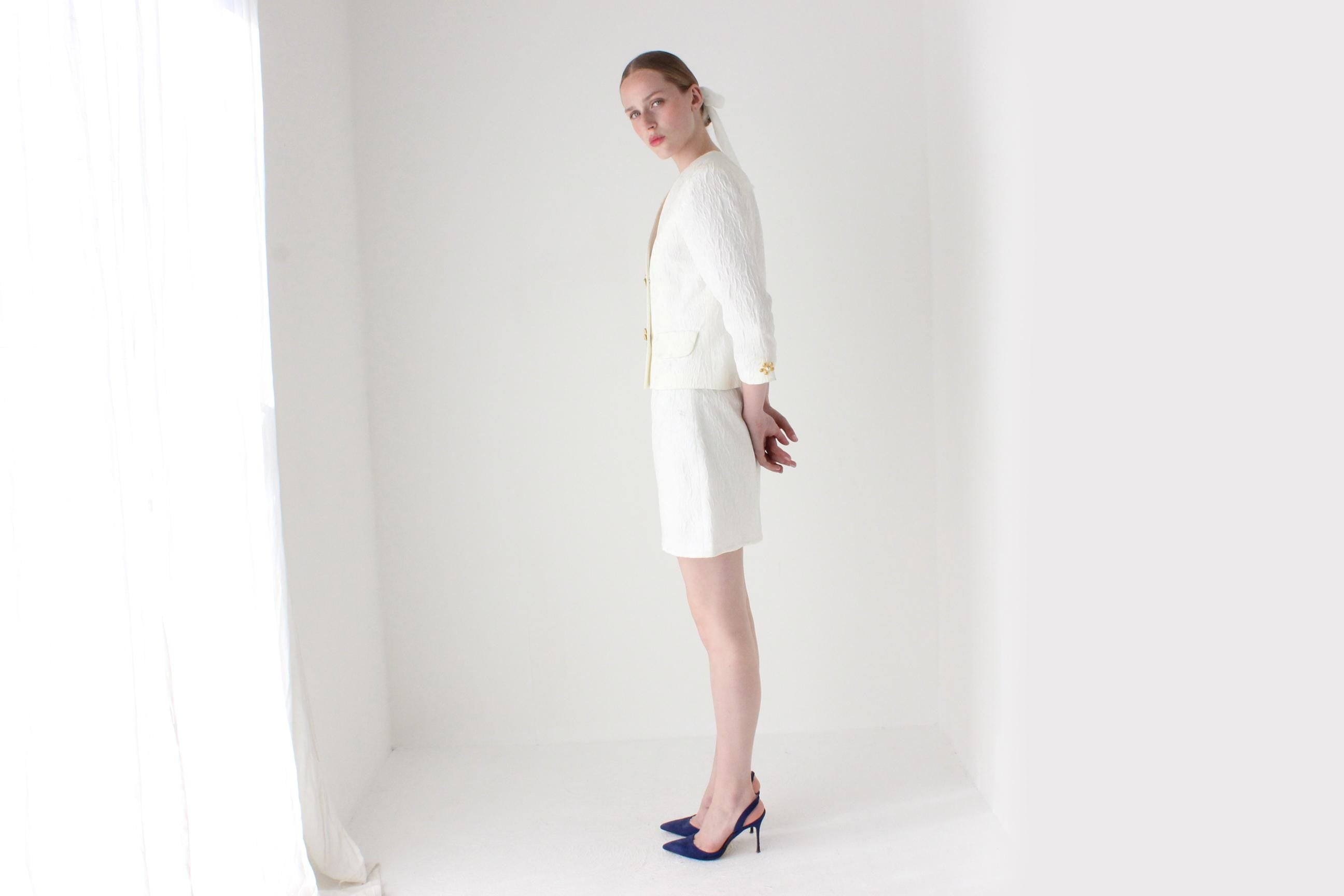 1990s Lisa Ho Bridal Mini Skirt Suit w/ Flower Blob Buttons