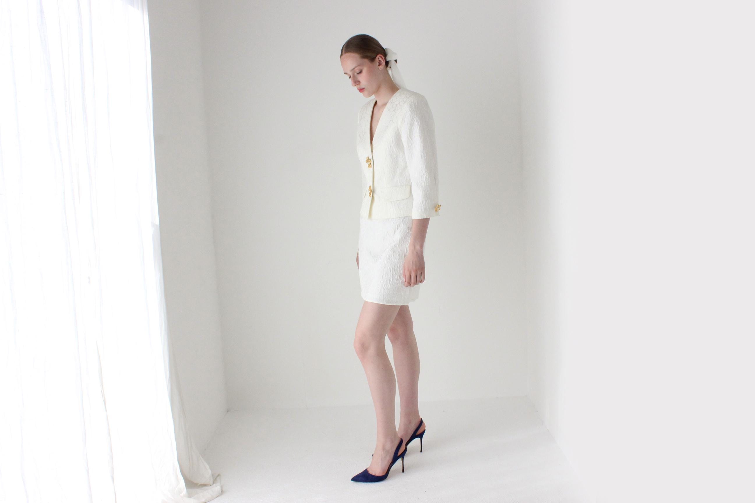 1990s Lisa Ho Bridal Mini Skirt Suit w/ Flower Blob Buttons