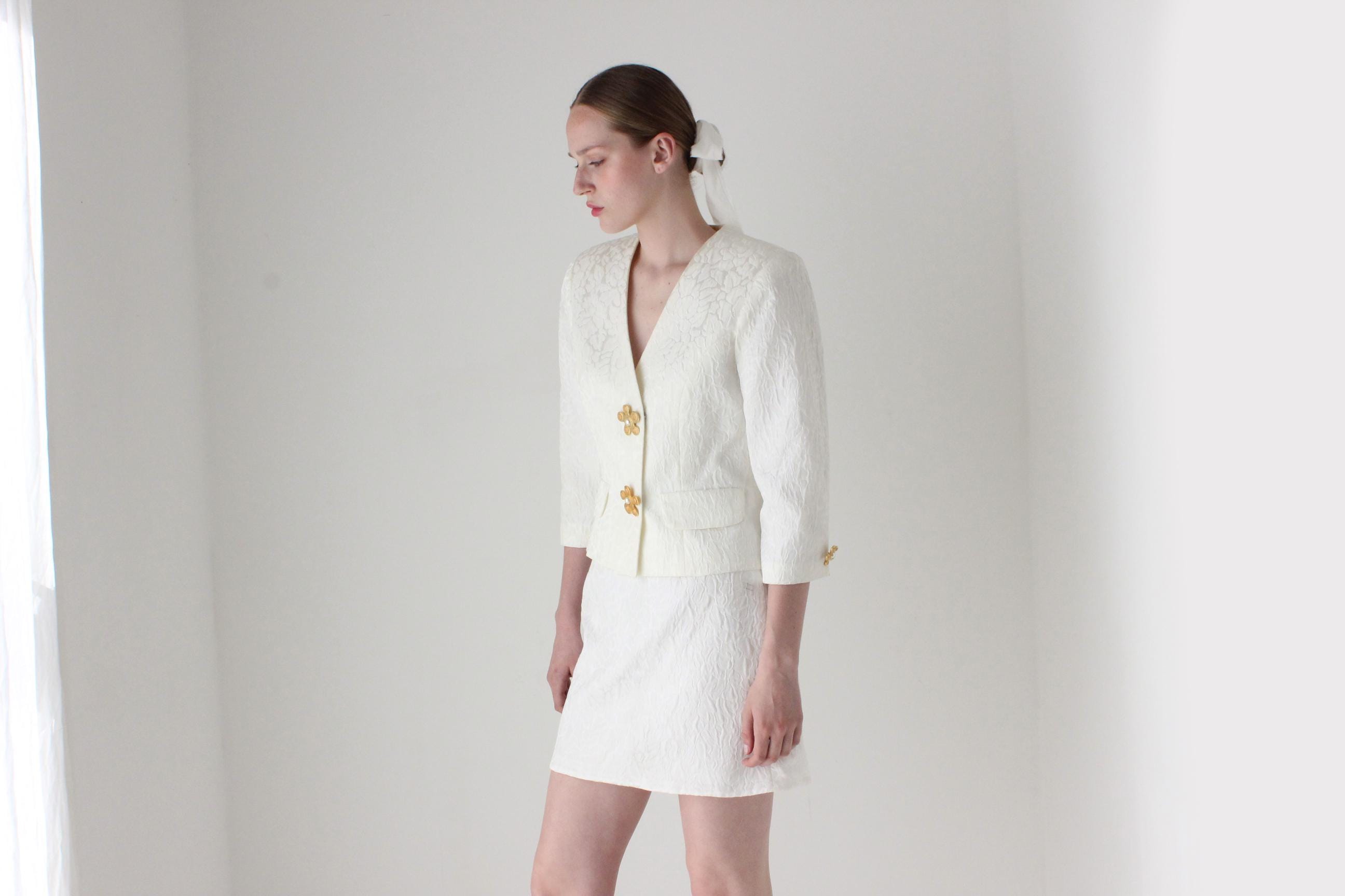 1990s Lisa Ho Bridal Mini Skirt Suit w/ Flower Blob Buttons