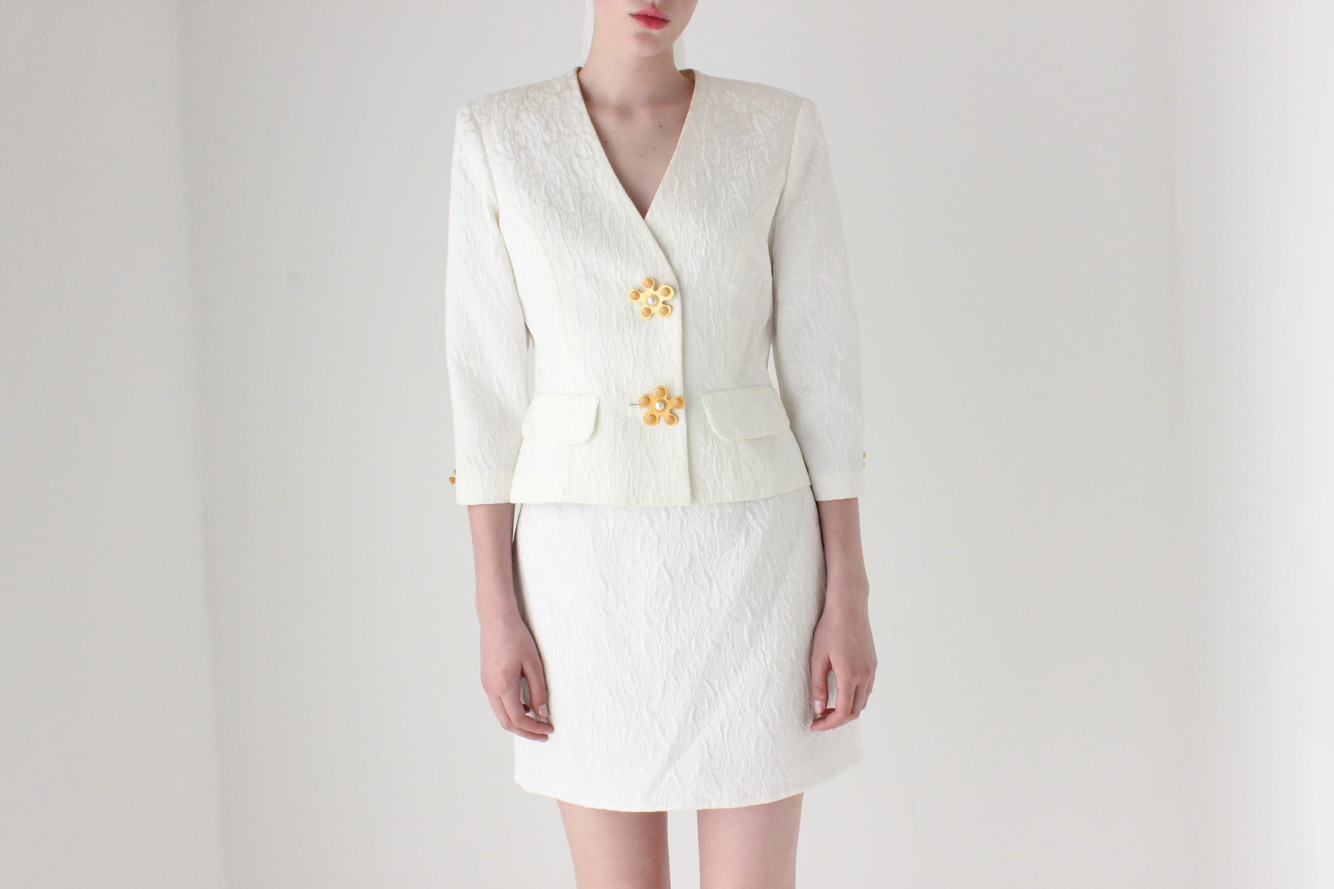 1990s Lisa Ho Bridal Mini Skirt Suit w/ Flower Blob Buttons