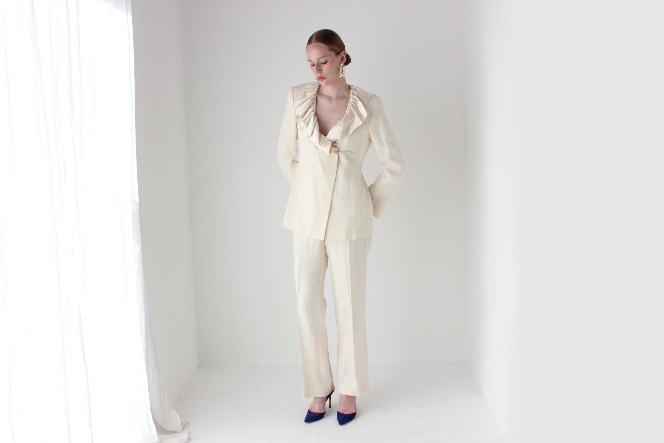 2000s Emmanuel Ungaro Wool & Silk Wedding Pant Suit w/ Harlequin Ruffle Collar