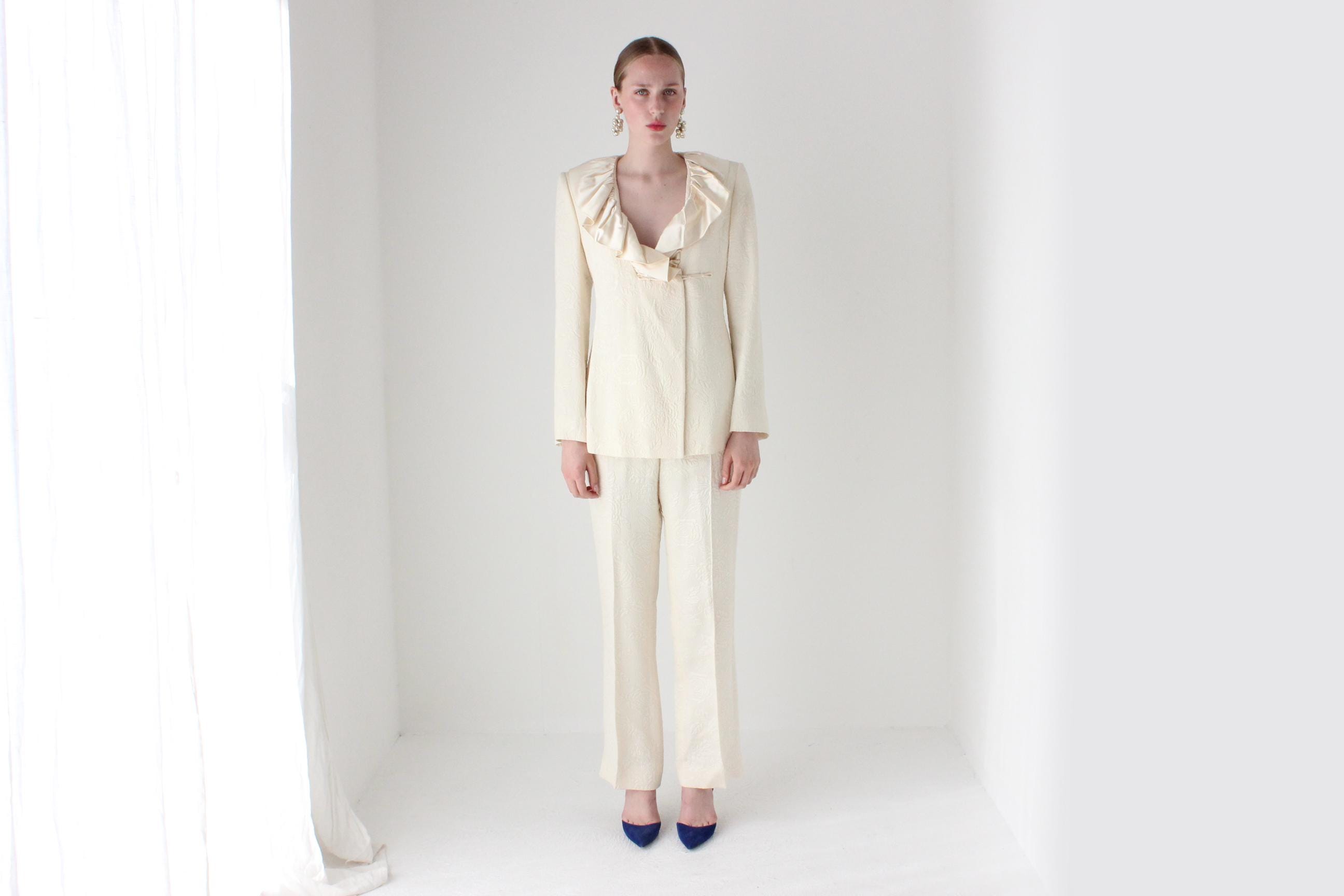 2000s Emmanuel Ungaro Wool & Silk Wedding Pant Suit w/ Harlequin Ruffle Collar