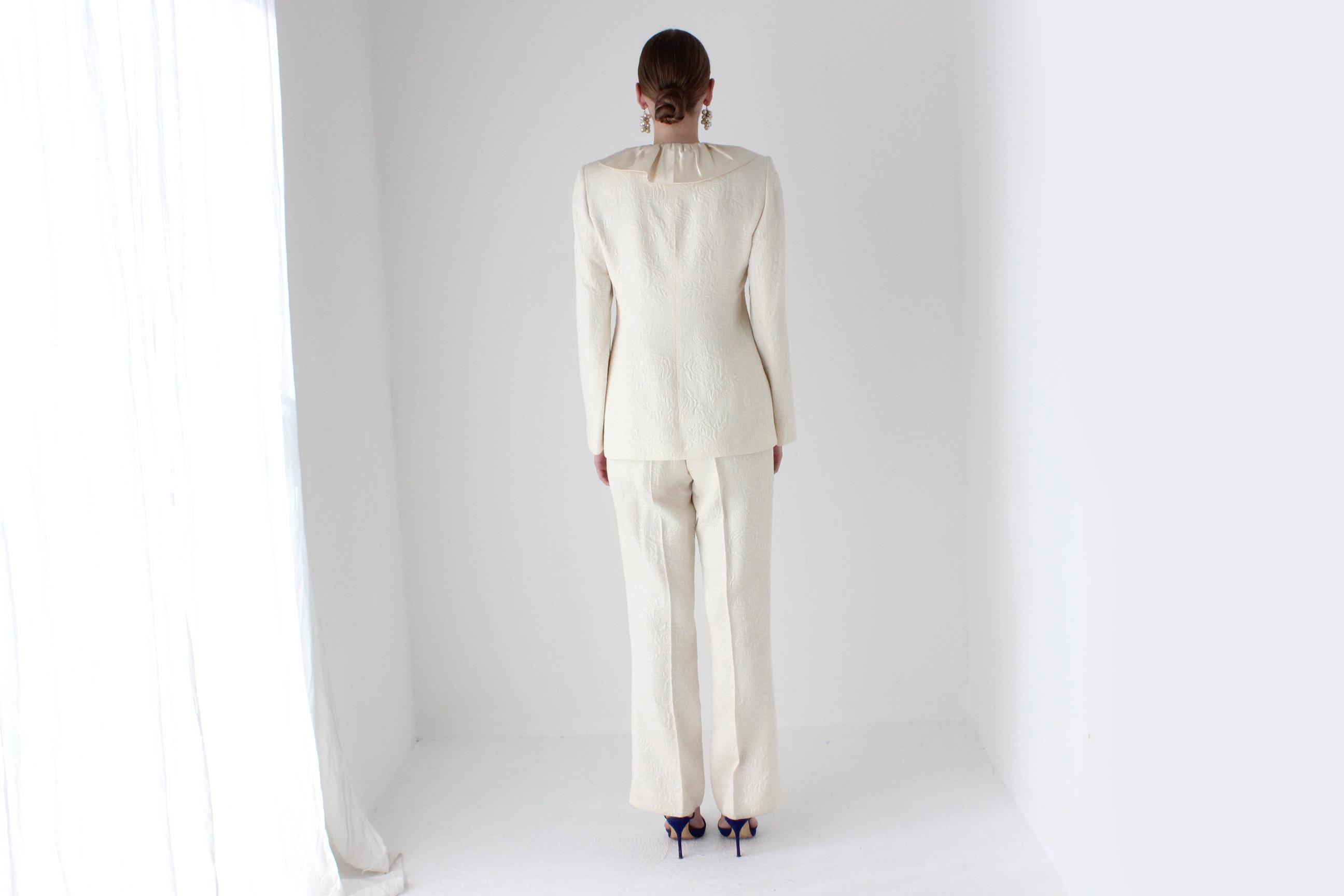 2000s Emmanuel Ungaro Wool & Silk Wedding Pant Suit w/ Harlequin Ruffle Collar