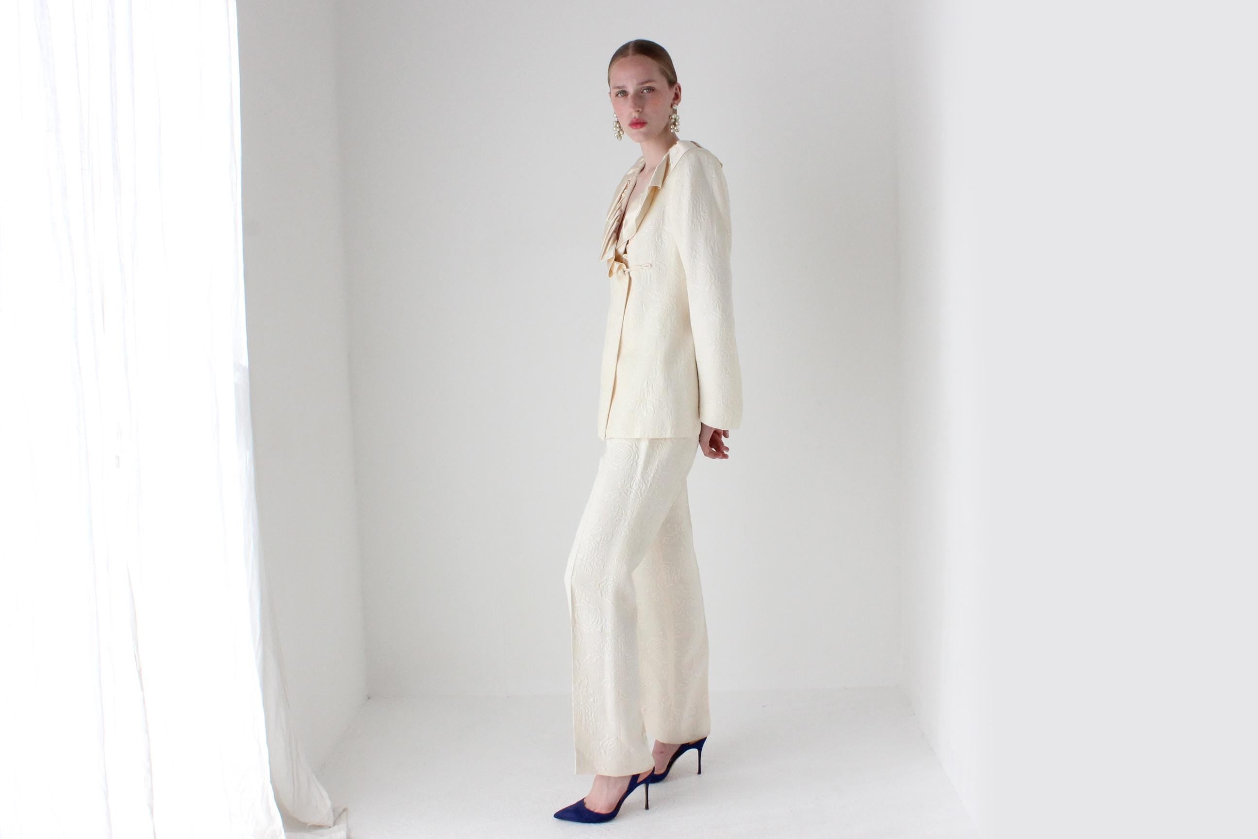 2000s Emmanuel Ungaro Wool & Silk Wedding Pant Suit w/ Harlequin Ruffle Collar