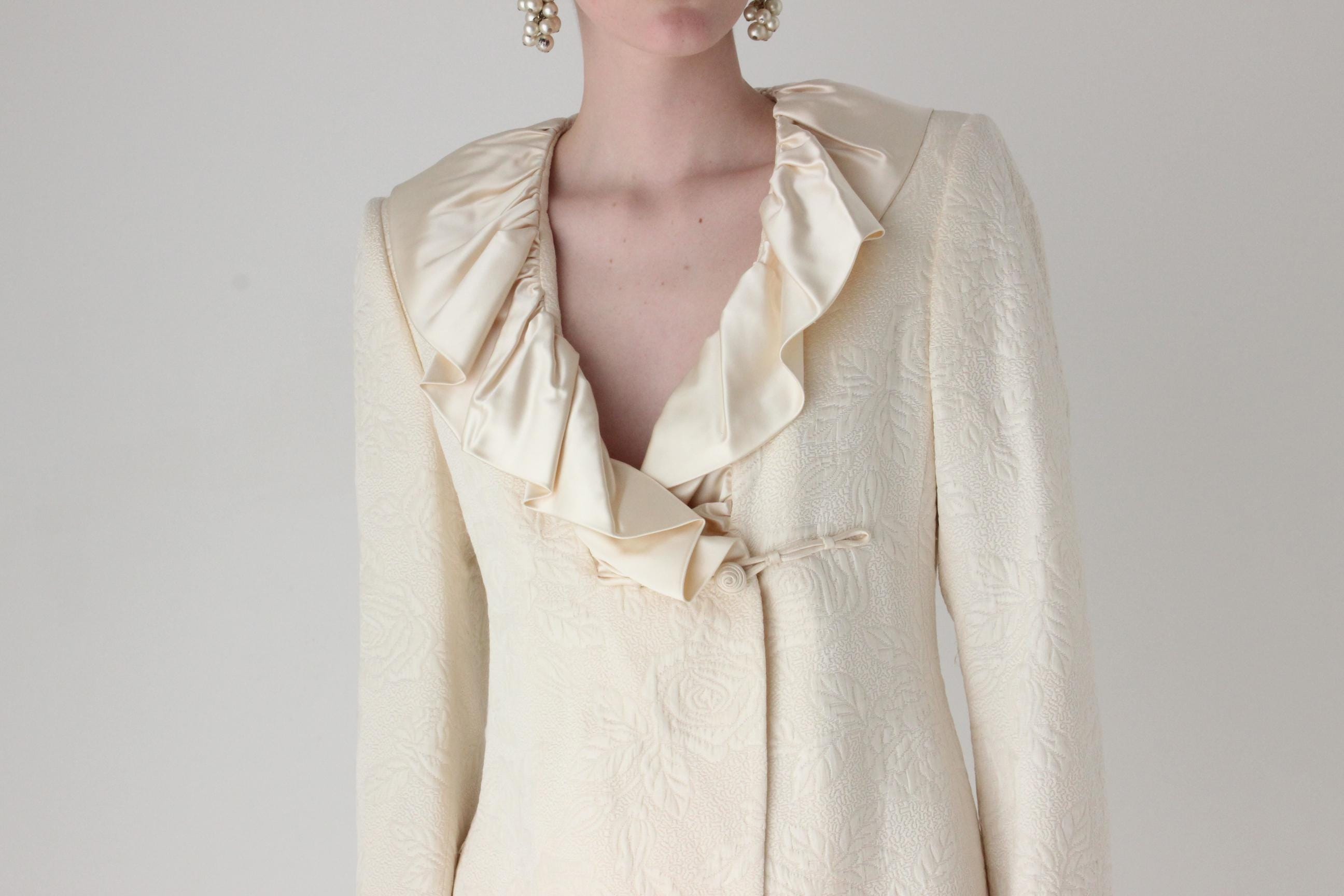 2000s Emmanuel Ungaro Wool & Silk Wedding Pant Suit w/ Harlequin Ruffle Collar