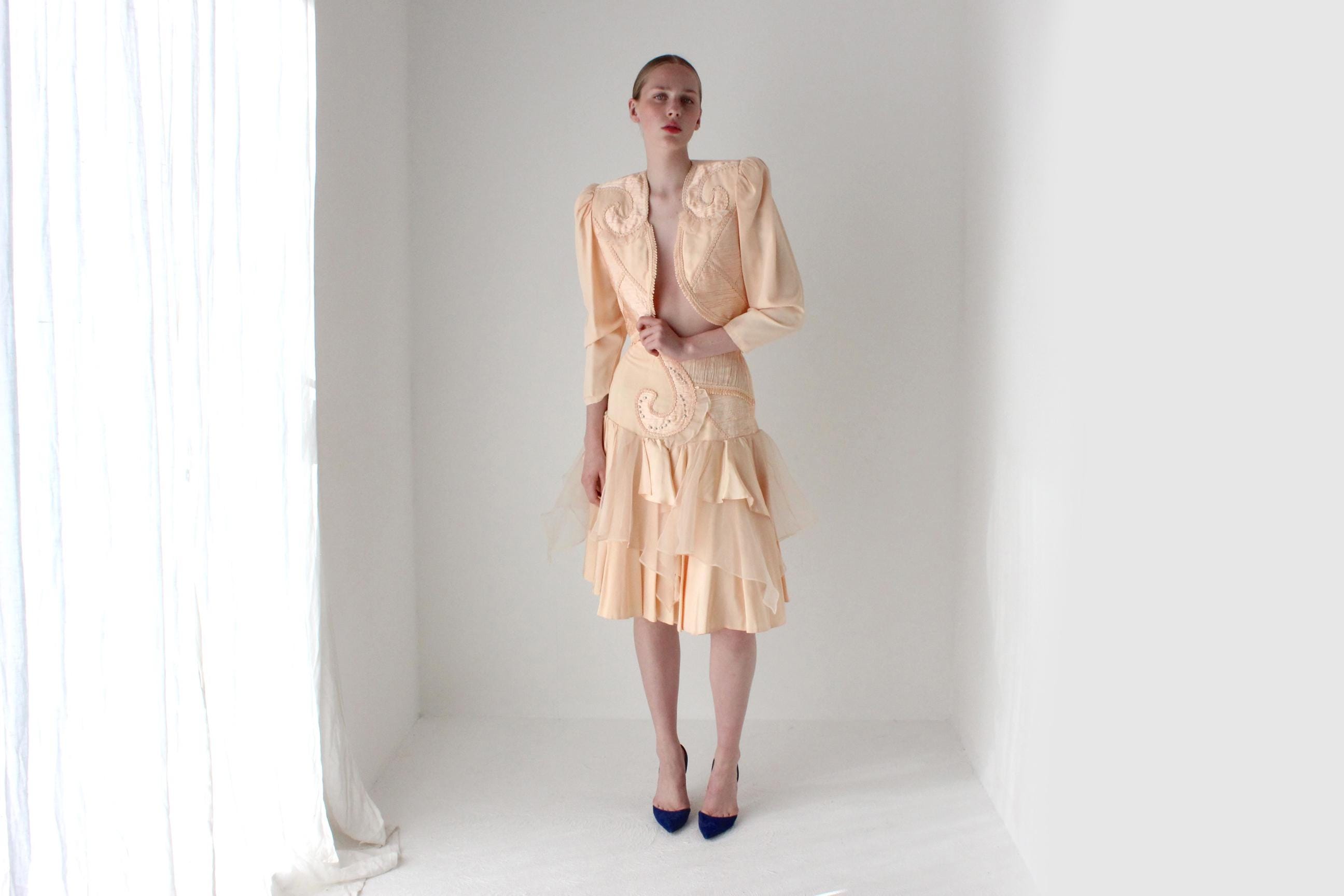 Outrageous 80s Peach Origami Ruffle Two Piece Skirt & Bolero Suit Set
