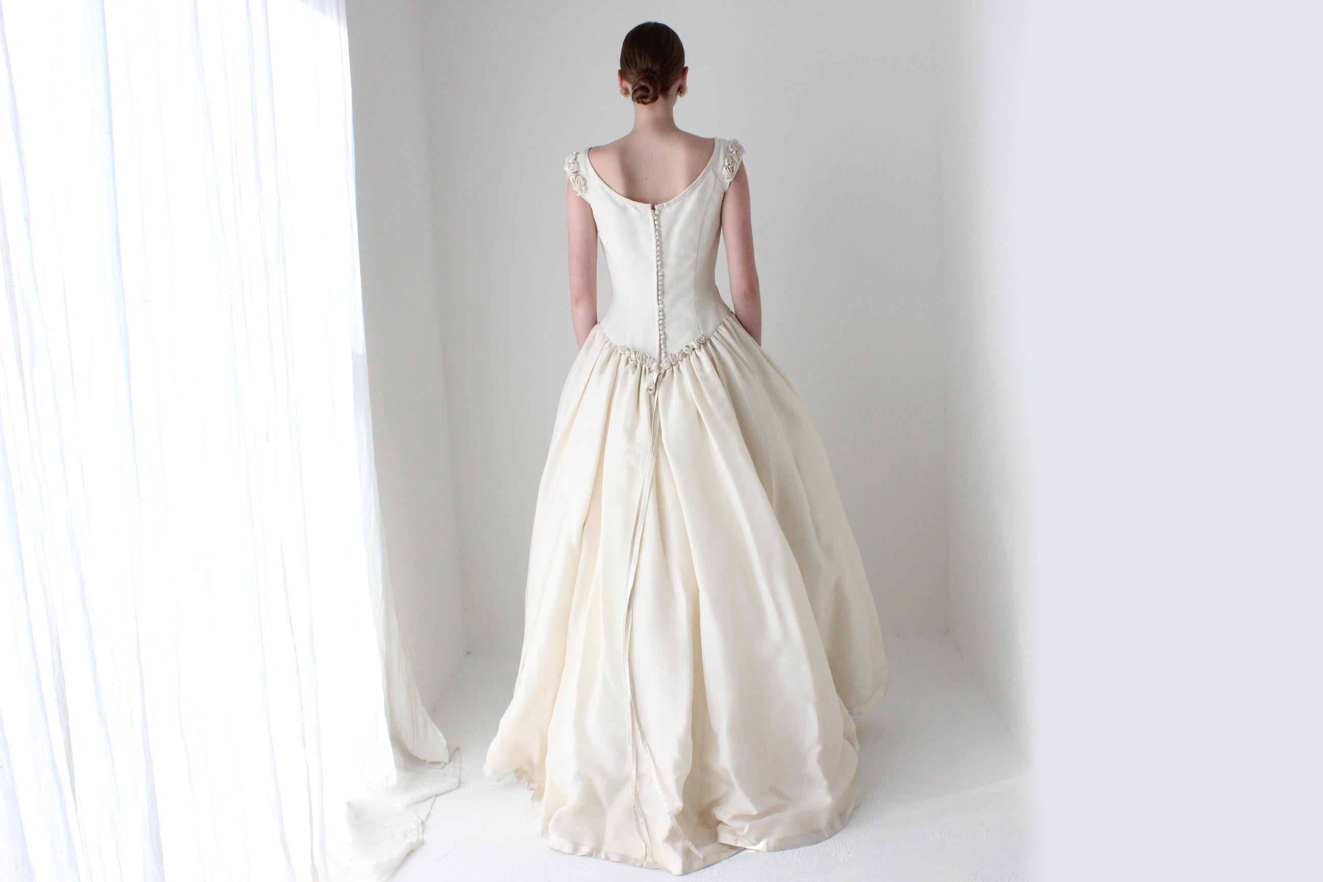 RESERVED - Deposit Paid 1990s Archival Amsale Bridal Couture Scoop Neck Drop Waist Wedding Ball Gown w/ Rosettes