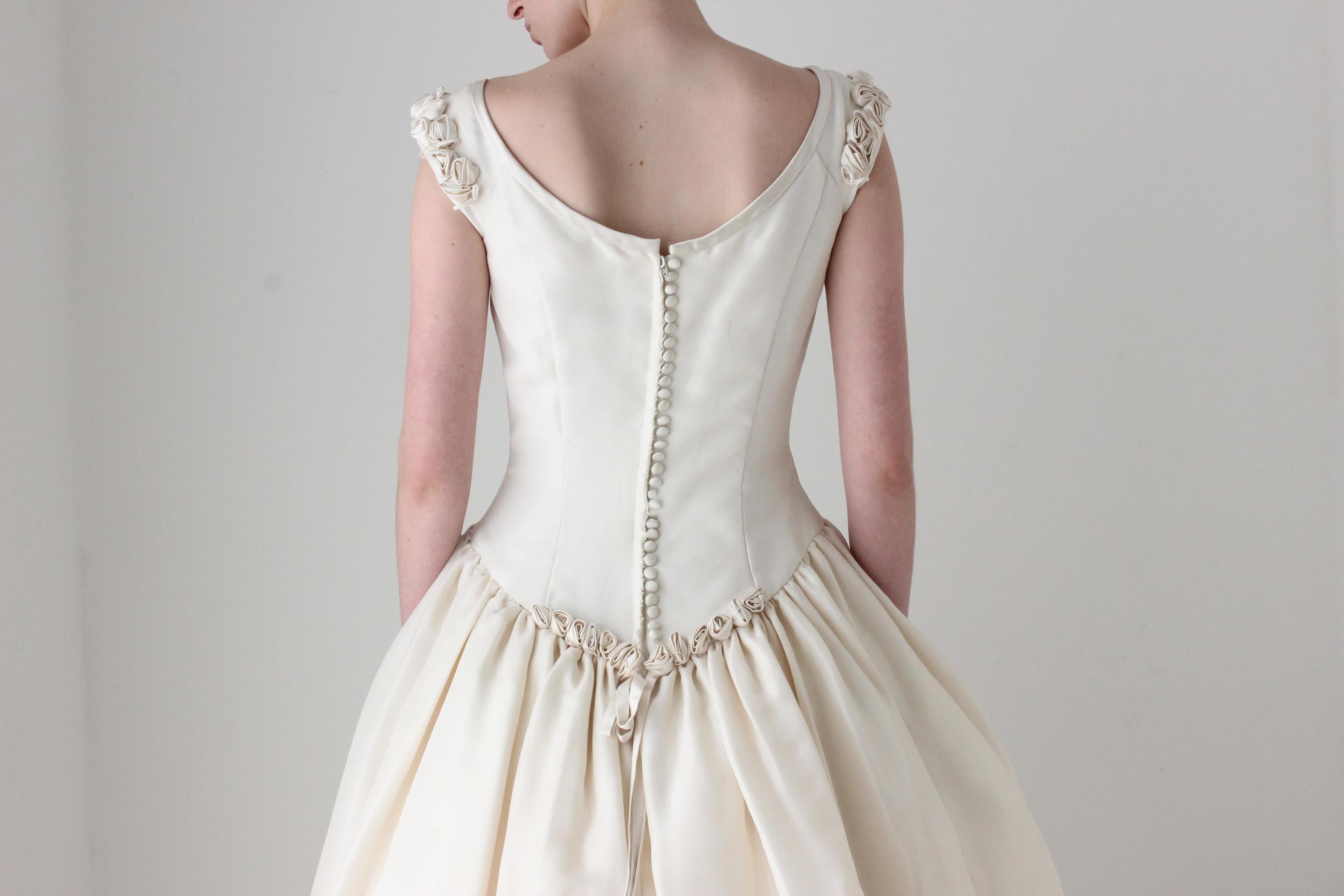 RESERVED - Deposit Paid 1990s Archival Amsale Bridal Couture Scoop Neck Drop Waist Wedding Ball Gown w/ Rosettes