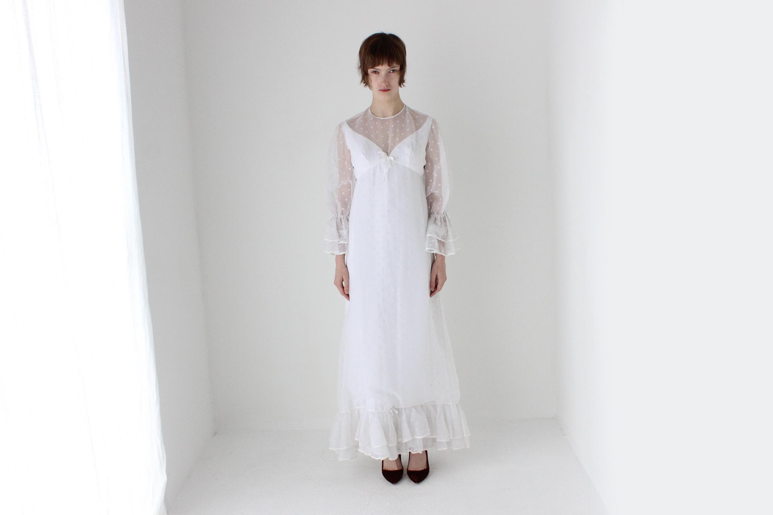 1970s Sheer Polka Dot & Ruffle Empire Waist Wedding Dress