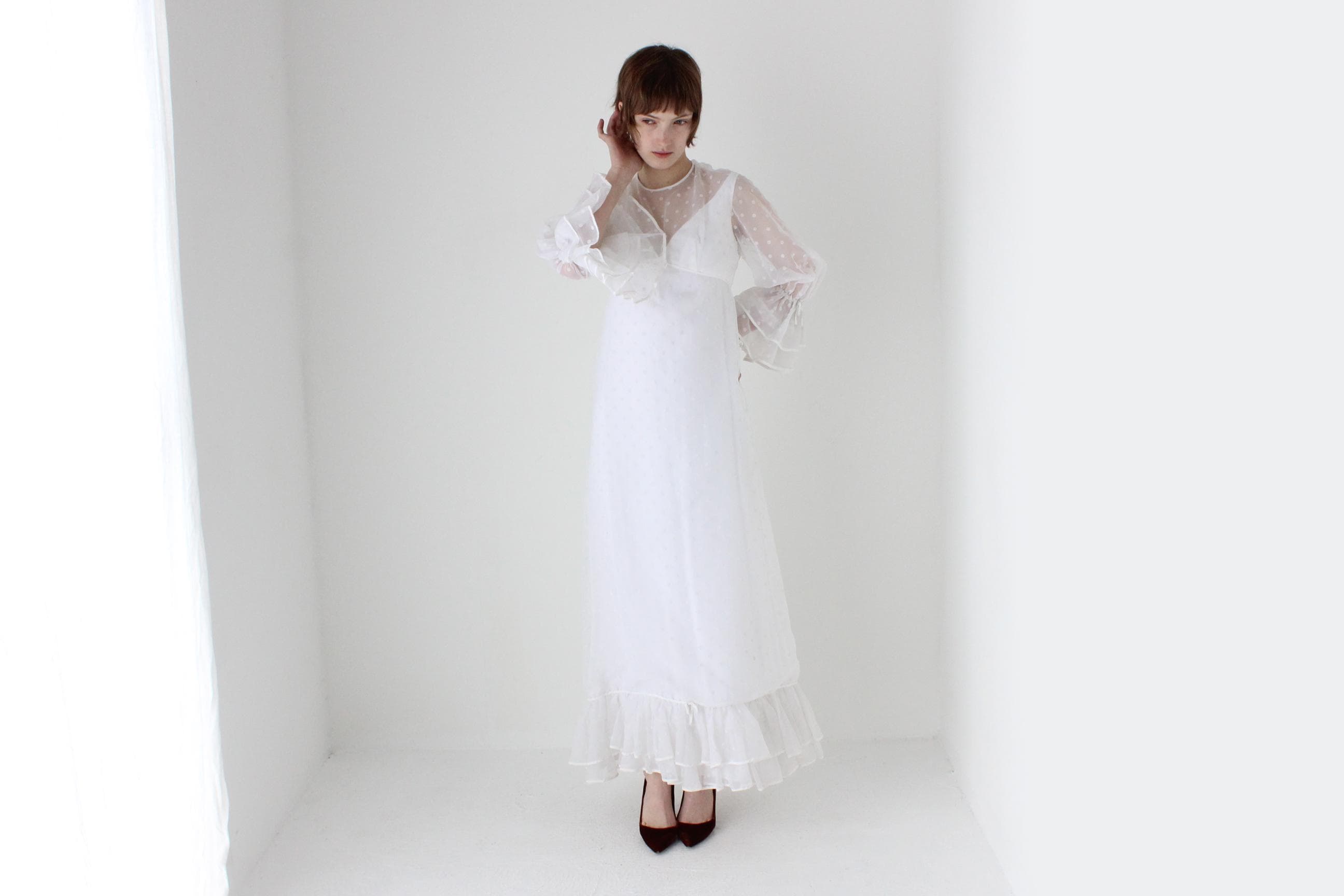 1970s Sheer Polka Dot & Ruffle Empire Waist Wedding Dress