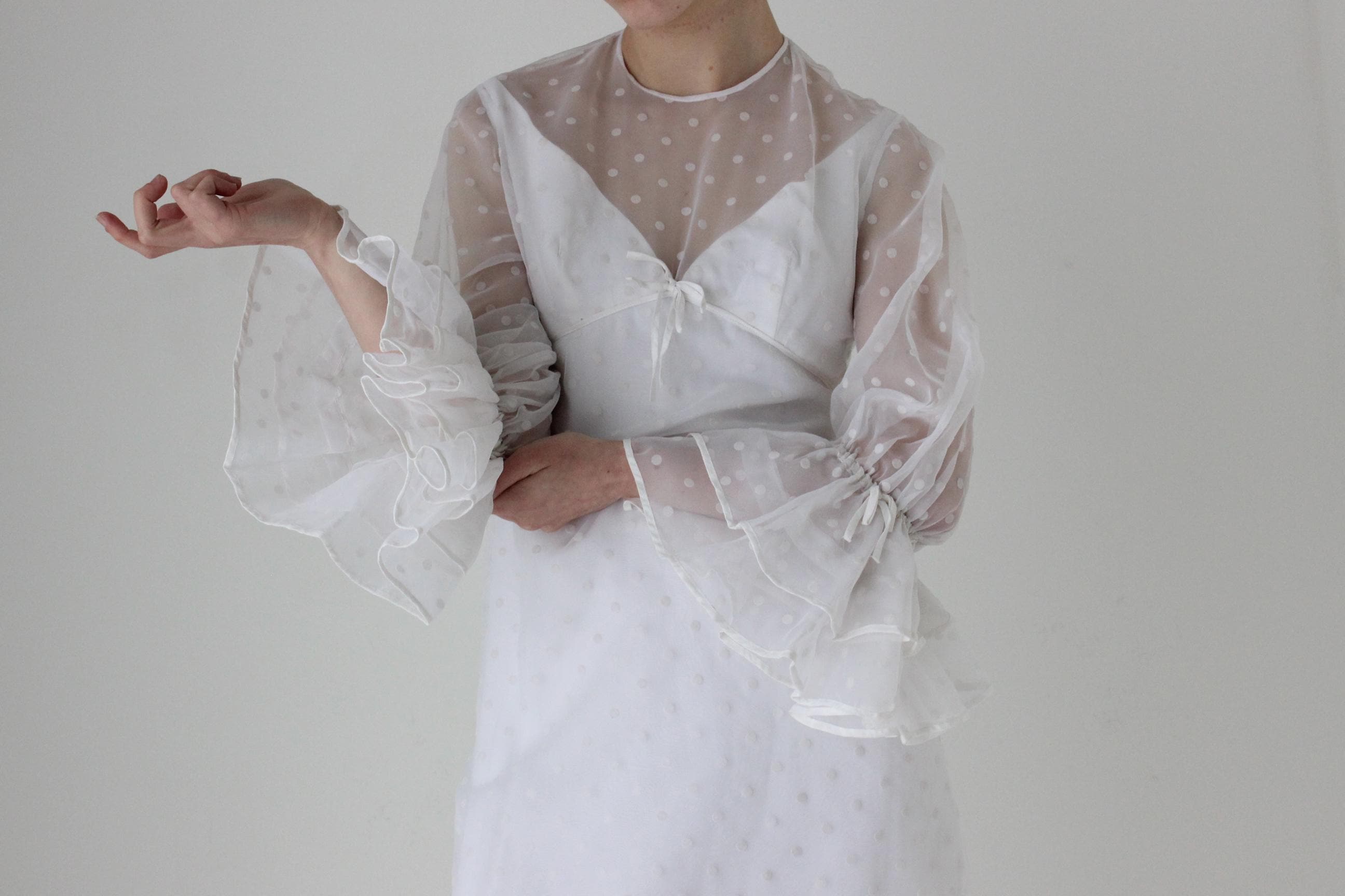 1970s Sheer Polka Dot & Ruffle Empire Waist Wedding Dress