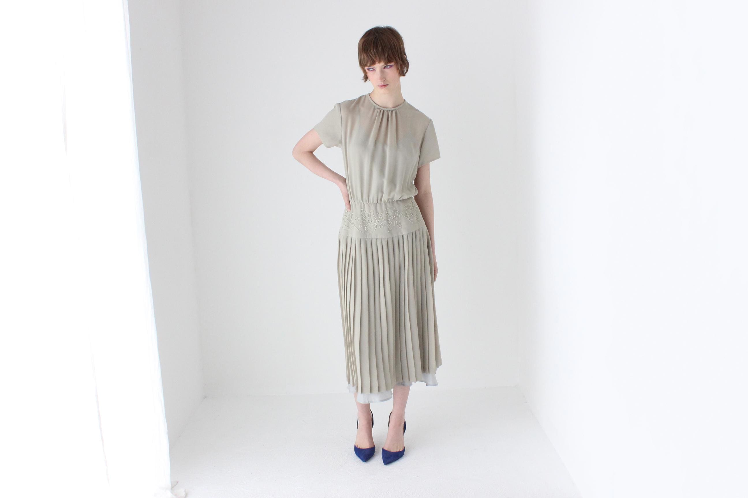 80s Australian Vintage Elegant Sheer Sage Drop Waist Pleated Peplum Dress