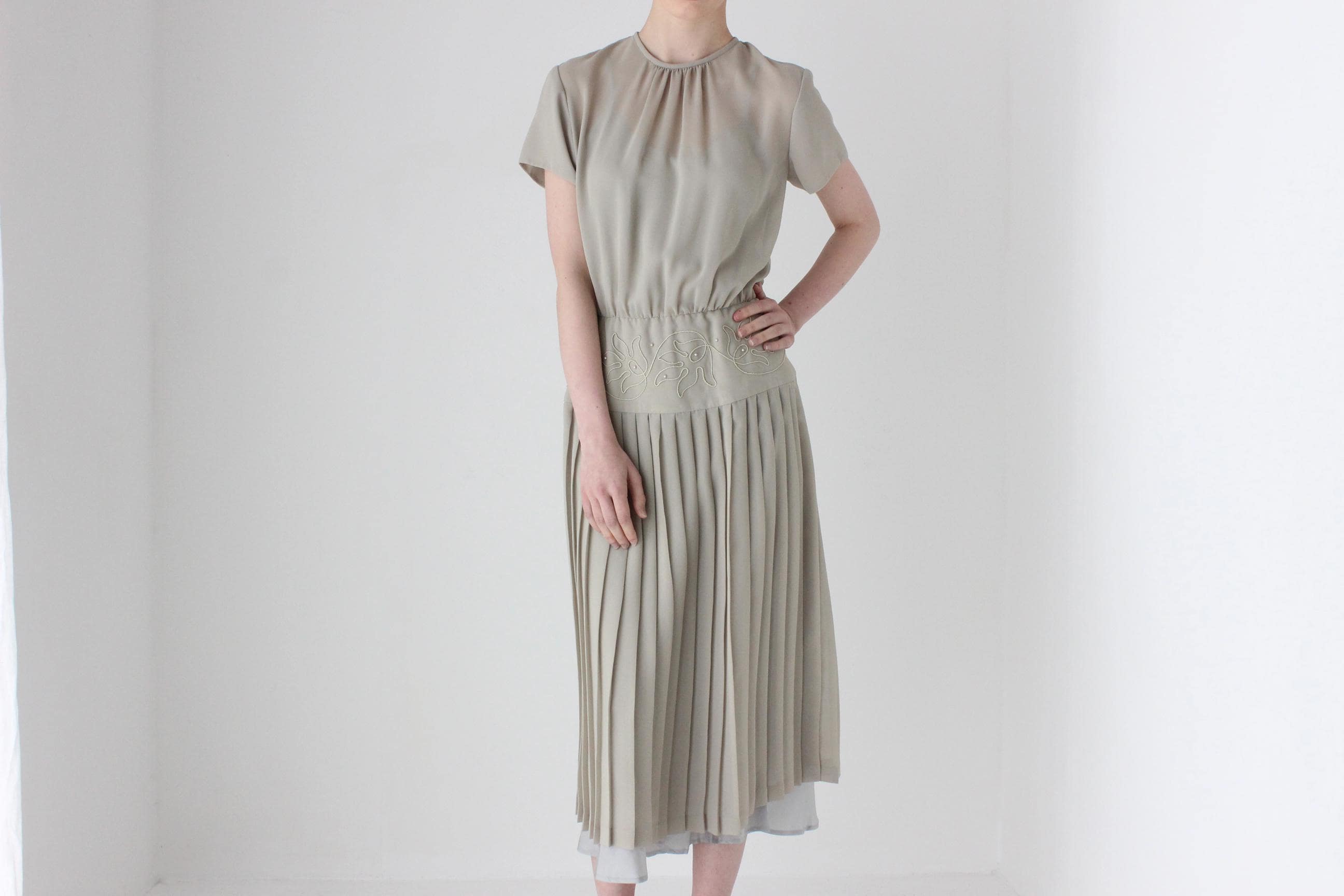 80s Australian Vintage Elegant Sheer Sage Drop Waist Pleated Peplum Dress