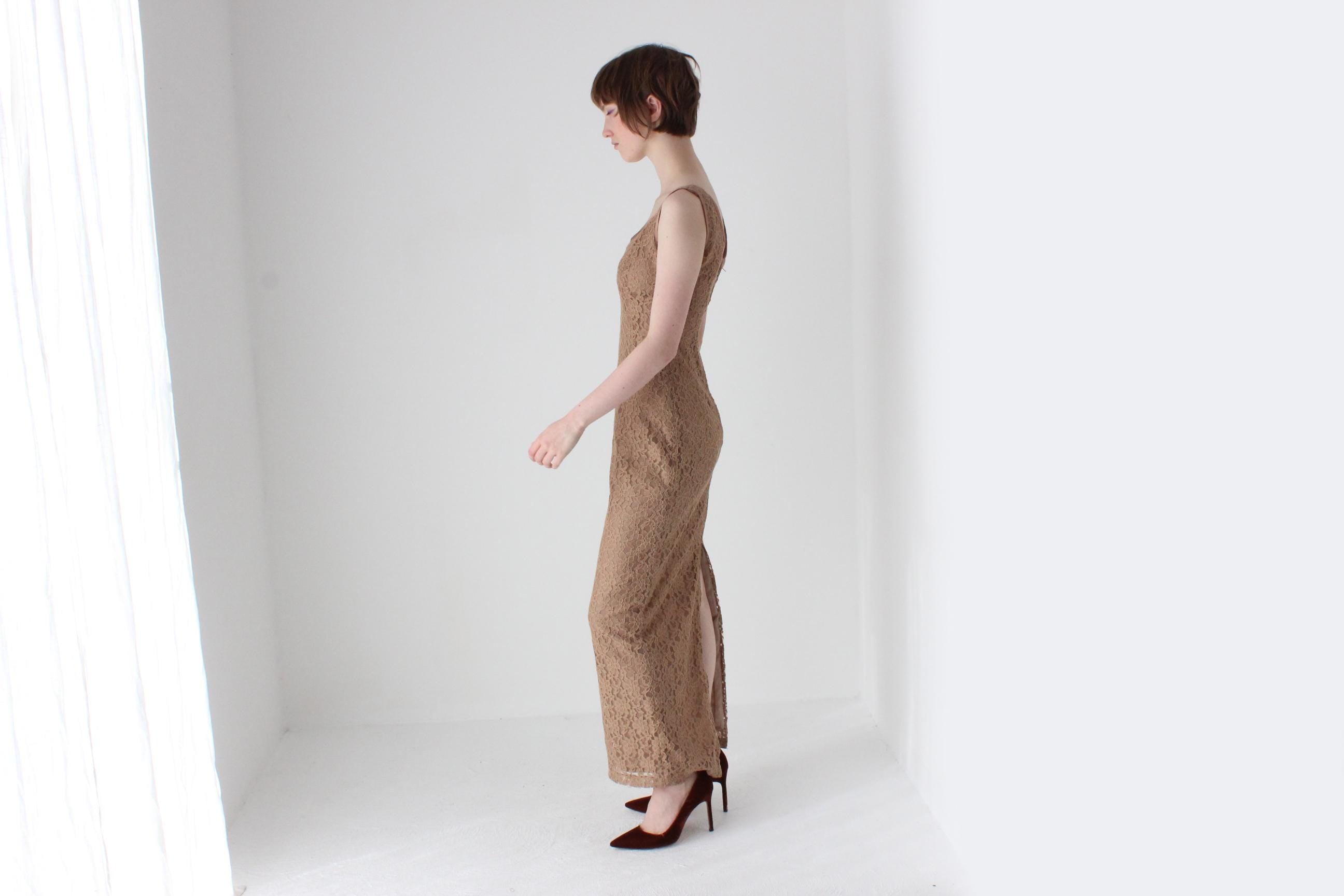 90s Caramel Lace Fitted Hourglass Dress