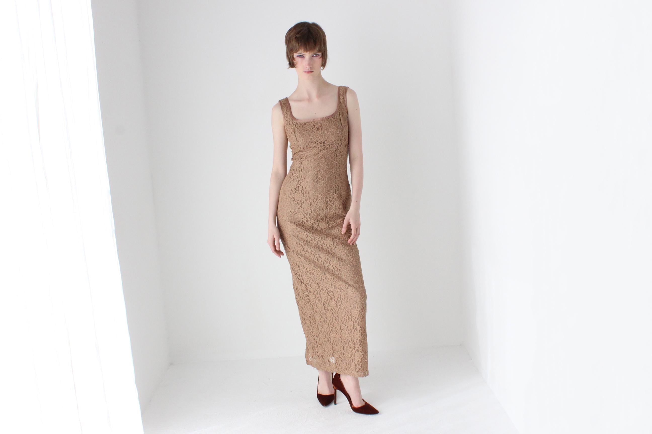 90s Caramel Lace Fitted Hourglass Dress
