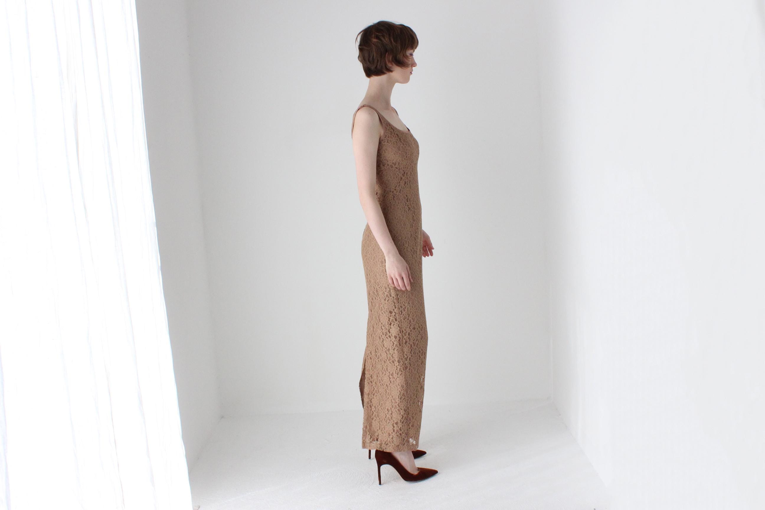 90s Caramel Lace Fitted Hourglass Dress