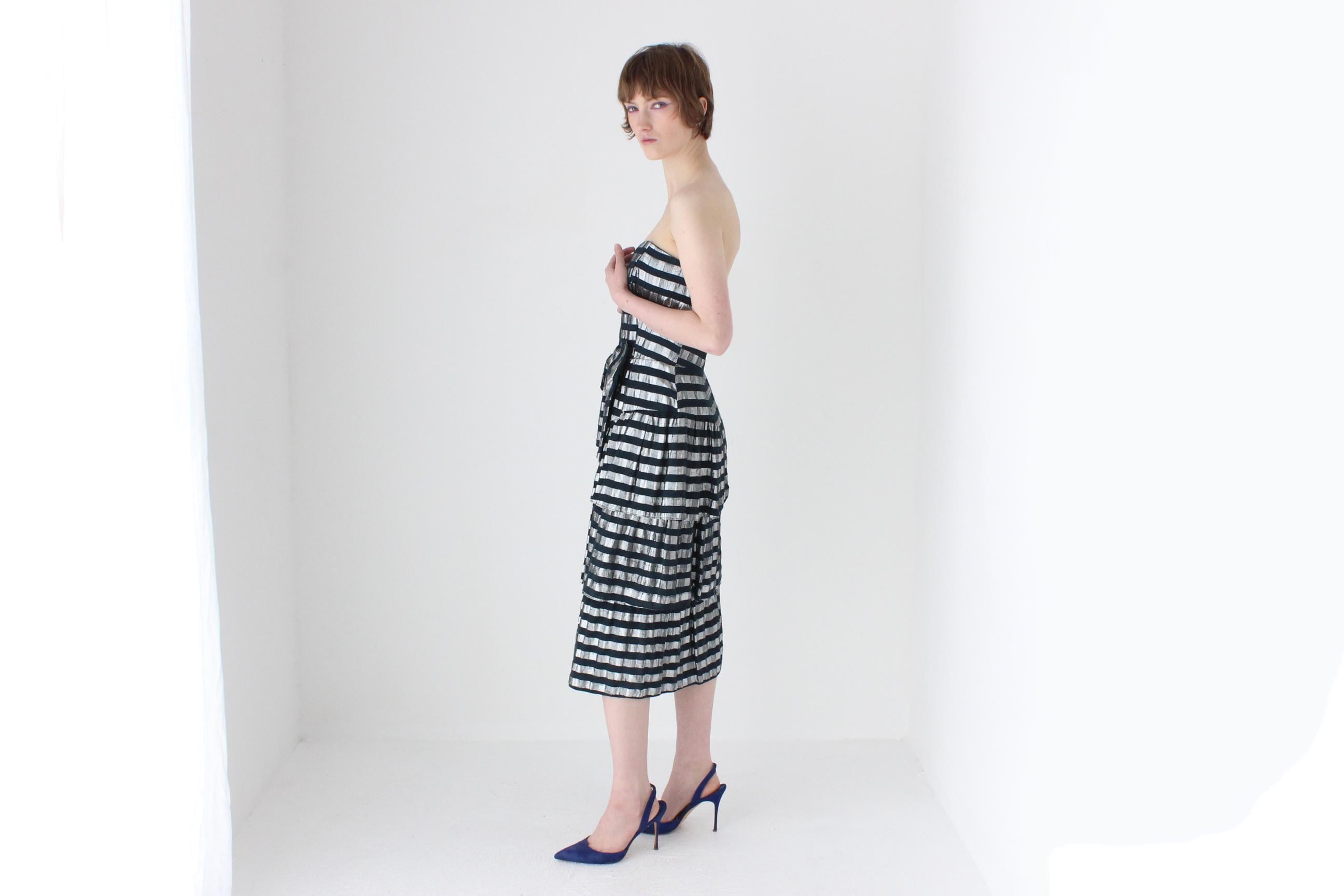 80s Silver Metallic Striped Lamé Bustier Ruffle Dress