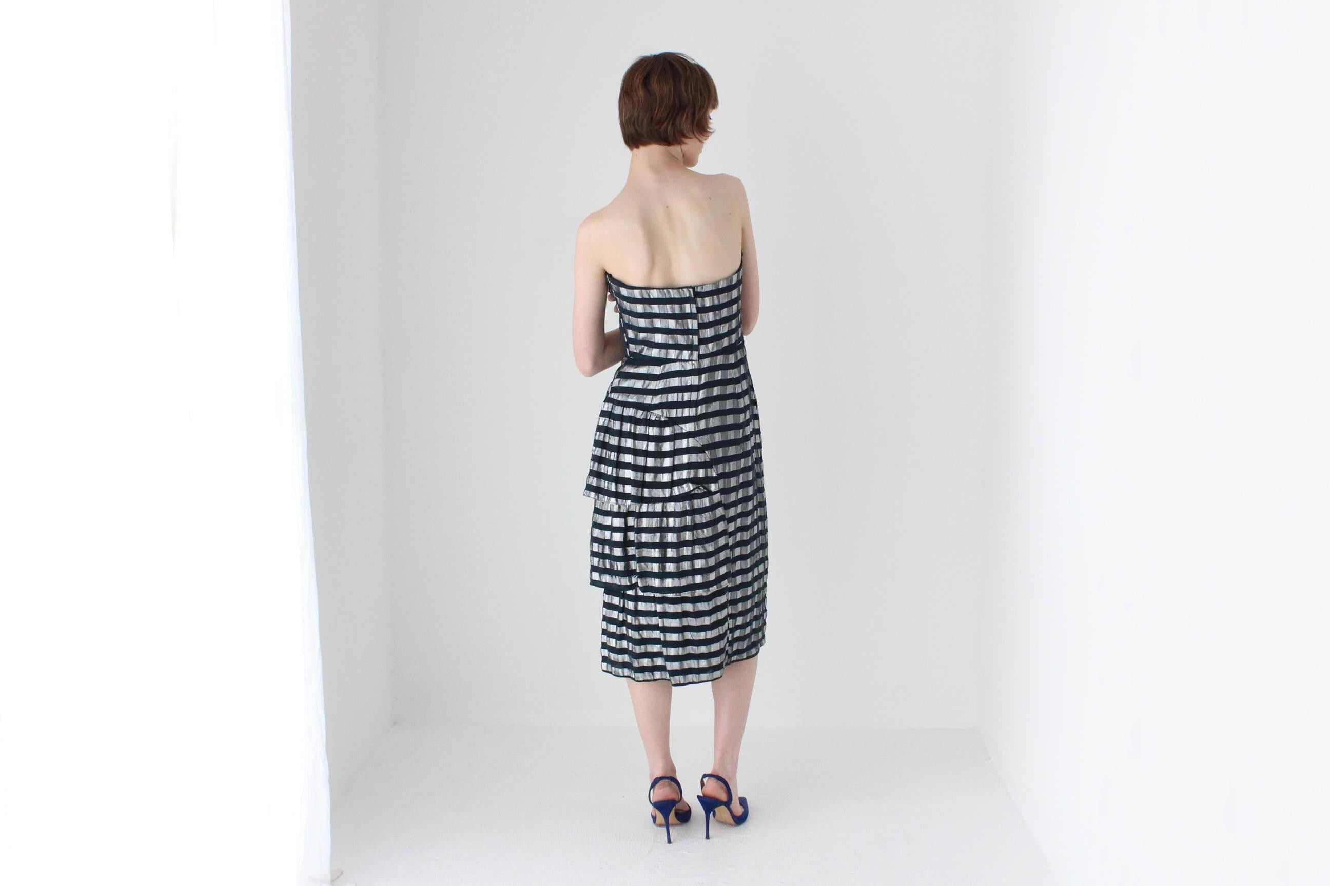 80s Silver Metallic Striped Lamé Bustier Ruffle Dress